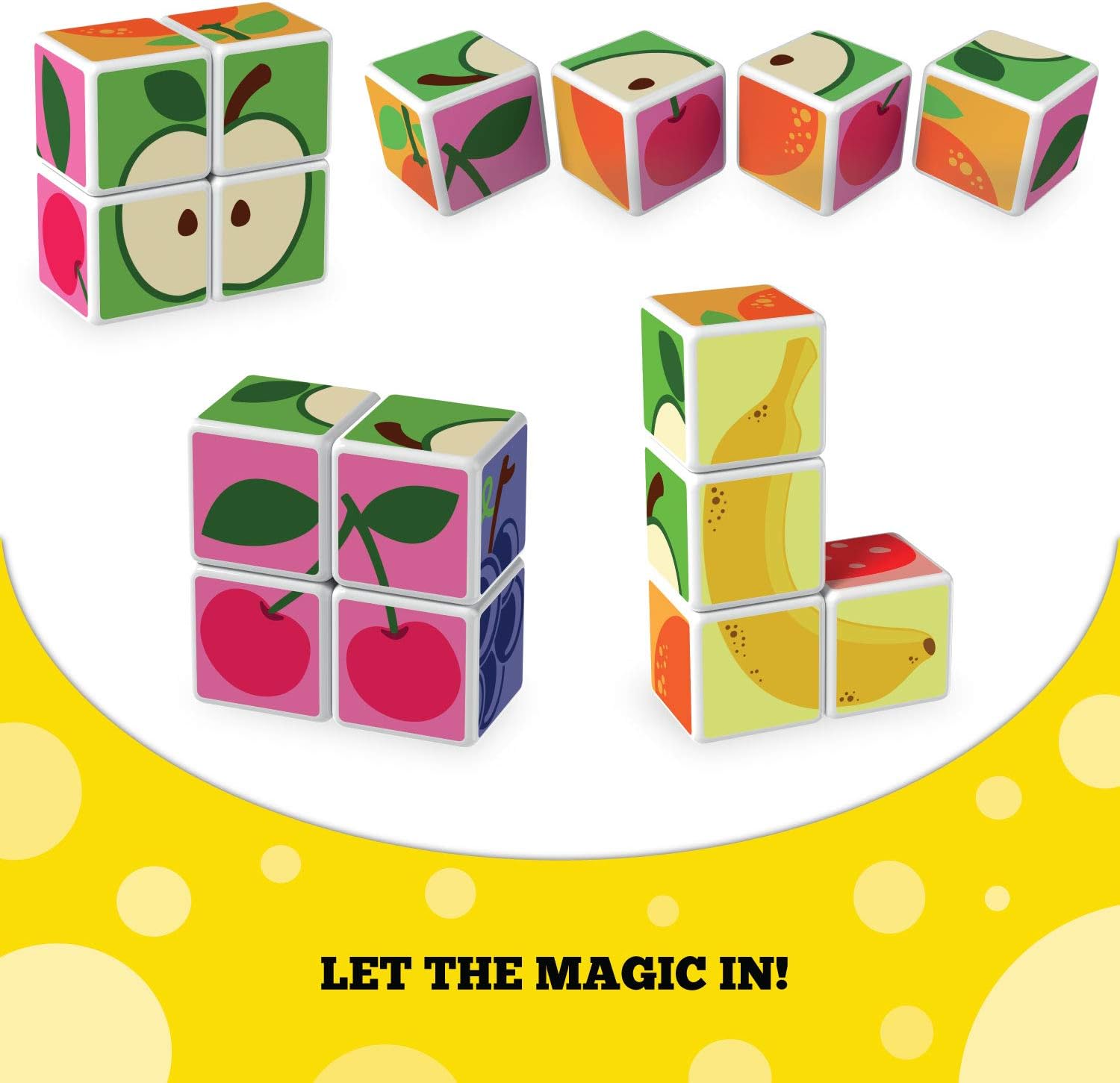 Geomag MagiCube 4-Piece Magnetic Stacking Cubes Building Set Bundle, Fruit & Transport