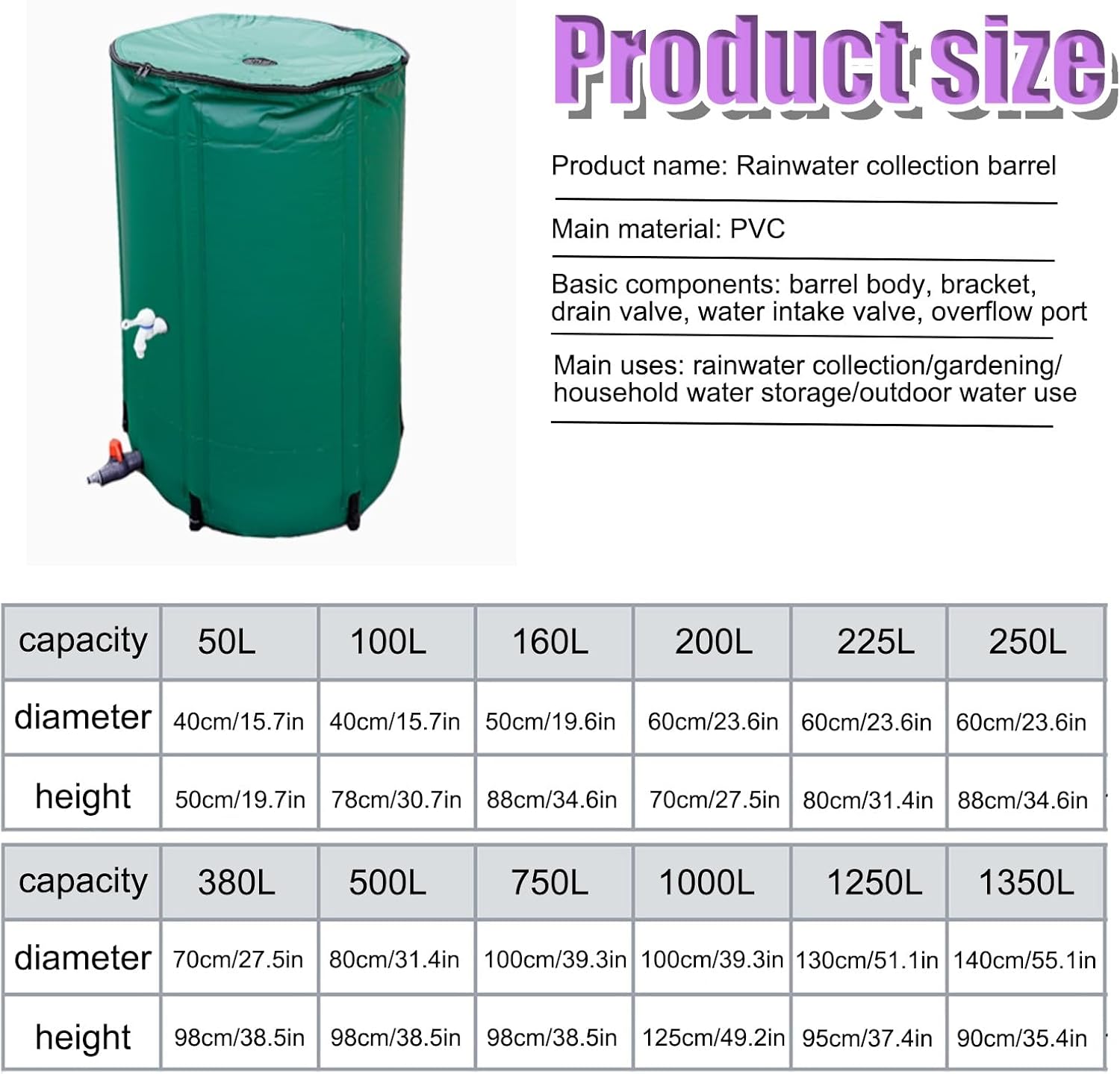 Portable Rain Water Collection Barrel，Water Storage Container with Filter，Rainwater Collection System Downspout,Folding Rainwater Collection Barrel，for Garden/Outside/Lawn(Black,1000L)