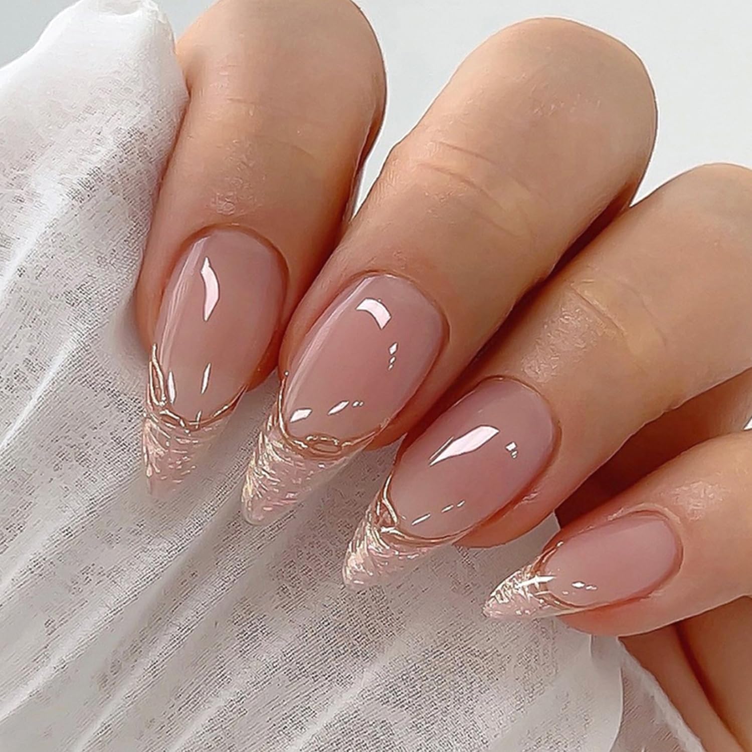 24Pcs Press On Nails​ Stiletto Fake Nails, Nail Extensions​ Kit with Jelly Glue for Women with Embossed Texture, Glossy Nude Pink Nail Art Kit​, Nail extensions for women, Wedding Party Daily Wear-image-29