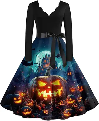 OIOLOYJM Sexy Plus Size Halloween Costumes Woman 2025 Long Sleeve V Neck Printed Gothic Retro Formal Party Dresses for Women