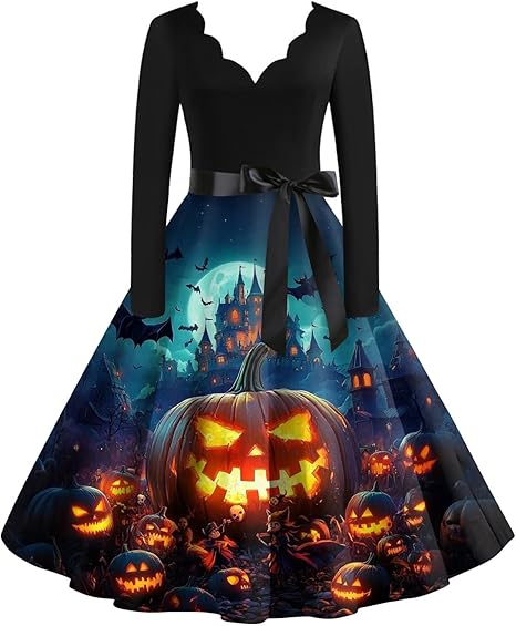 OIOLOYJM Sexy Plus Size Halloween Costumes Woman 2025 Long Sleeve V Neck Printed Gothic Retro Formal Party Dresses for Women