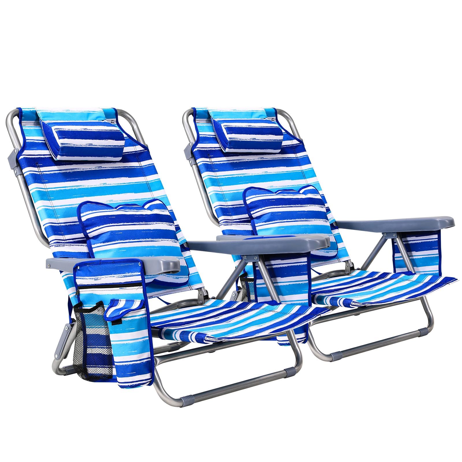 LIFERUN Silla De Playa,Set 2,Plegable,Reclinable,Diseño de Mochila,Azul | Respaldo 4 Posiciones,Carga 140kg,Oxford,Hierro,Bolsillo Térmico,Cojín Lumbar,Reposacabezas,Playa,Jardín,Camping,Festival