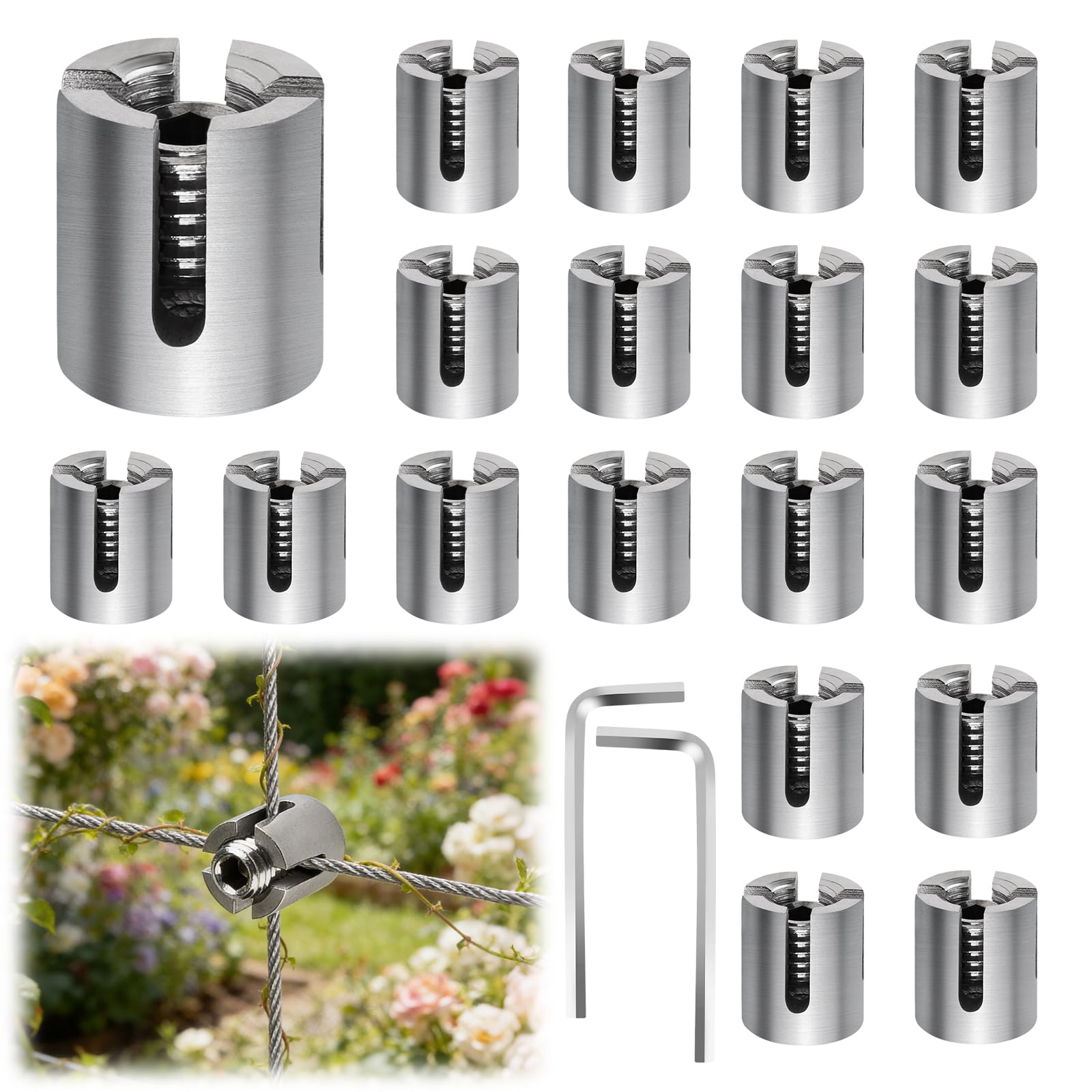 20 Pièces Kit Treillis Métallique pour Jardin, Kalolary T316 Robustes Sans Perçage Câbles Tiges Métalliques 5/64" à 1/8" Kit Treillis Mural Plantes Grimpantes Création Murs Végétaux Plantes Grimpantes