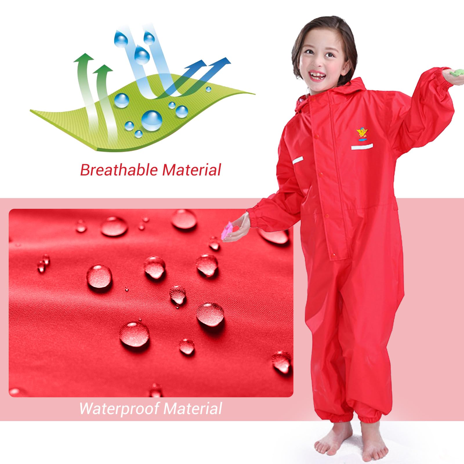 Chubasquero para Niños Mono Impermeable Traje de Lluvia Encapuchado Niñas Chaquetas de lluvia Poncho con Tira Reflectante, Rojo 2-3 Años