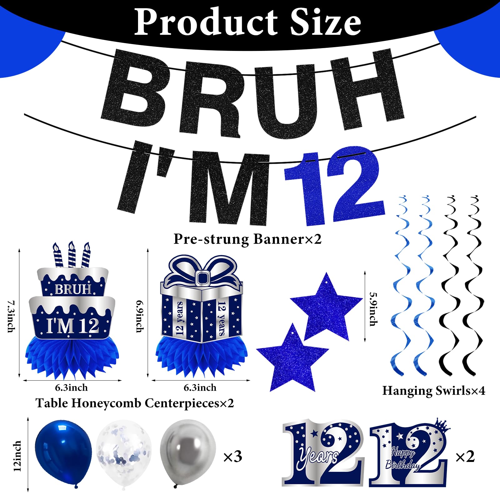 Kuxriox 11 szt. dekoracje na 12. urodziny dla chłopców mężczyzn, niebieski srebrny baner Happy 12th Birthday, Bruh I'm 12 balonów, artykuły imprezowe, baner na dwanaście urodzin, tabliczka na stół