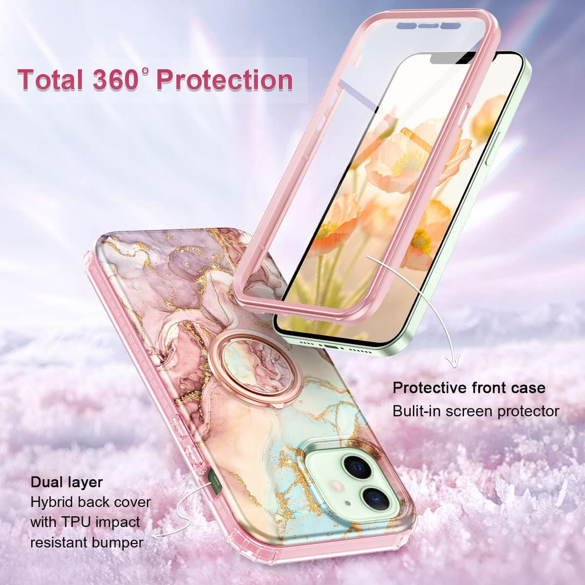 Btscase for iPhone 12/iPhone 12 Pro Case 6.1 Inch,Built-in Screen Protector with 360° Ring Holder Kickstand, Full Body Dual Layer Rugged Shockproof Protective Case for iPhone 12/12 Pro,Rose Gold - Image 2