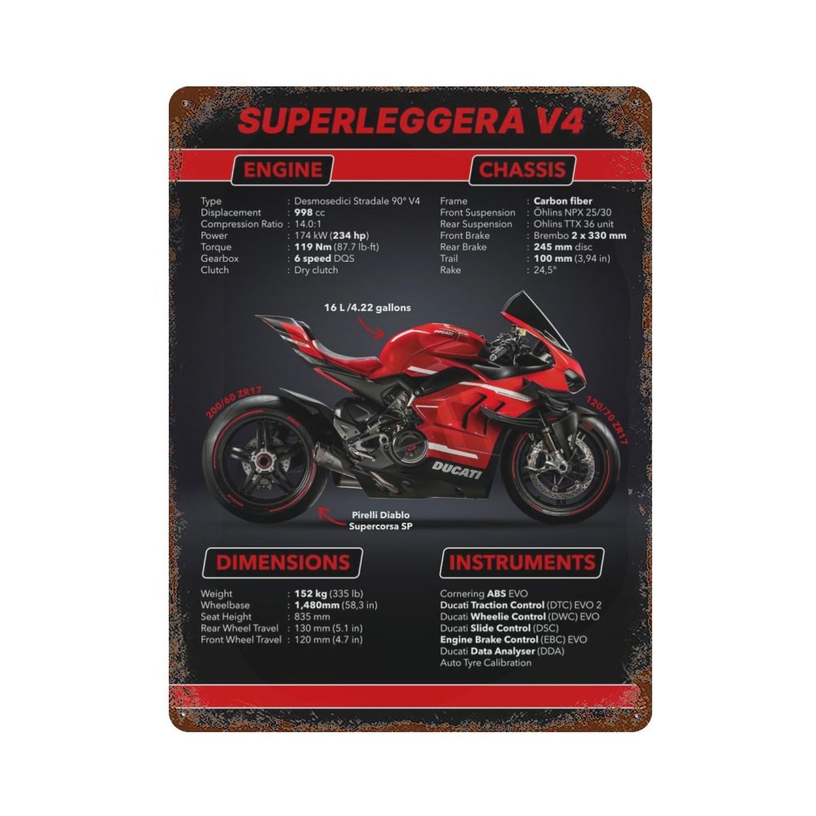 Superleggera V4 Specs 15.7"x11.8" Rustic Tin Plaque, Industrial Home Decor for Farmhouse, Kitchen And Entryway Decor