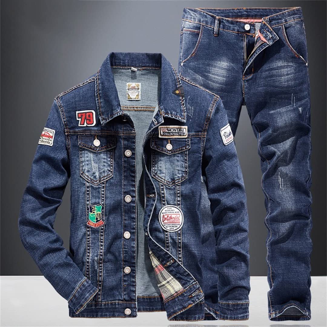 Hcclijo Motorrad Bikers Denim zweiteiliges Set Jacke Jeans Herren Sets Streetwear Oberbekleidung Hosen Sets Blau L 30