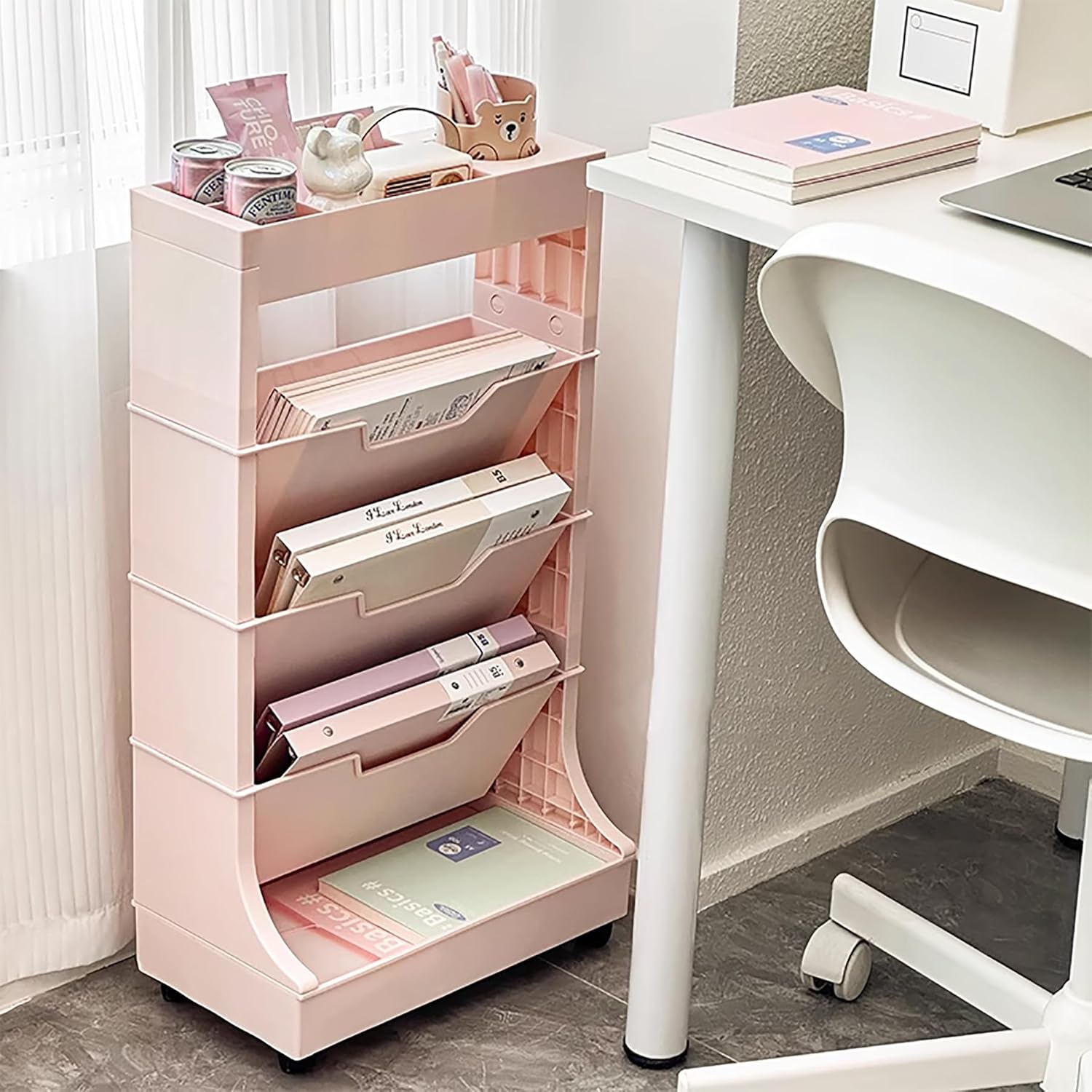 Rolling Vegetable Storage Rack - 5-Tier Mobile Book Shelf Pink - Movable Desk Side Cart for Office Dorm & Classroom - Versatile 6-Tier Cart for Easy Access