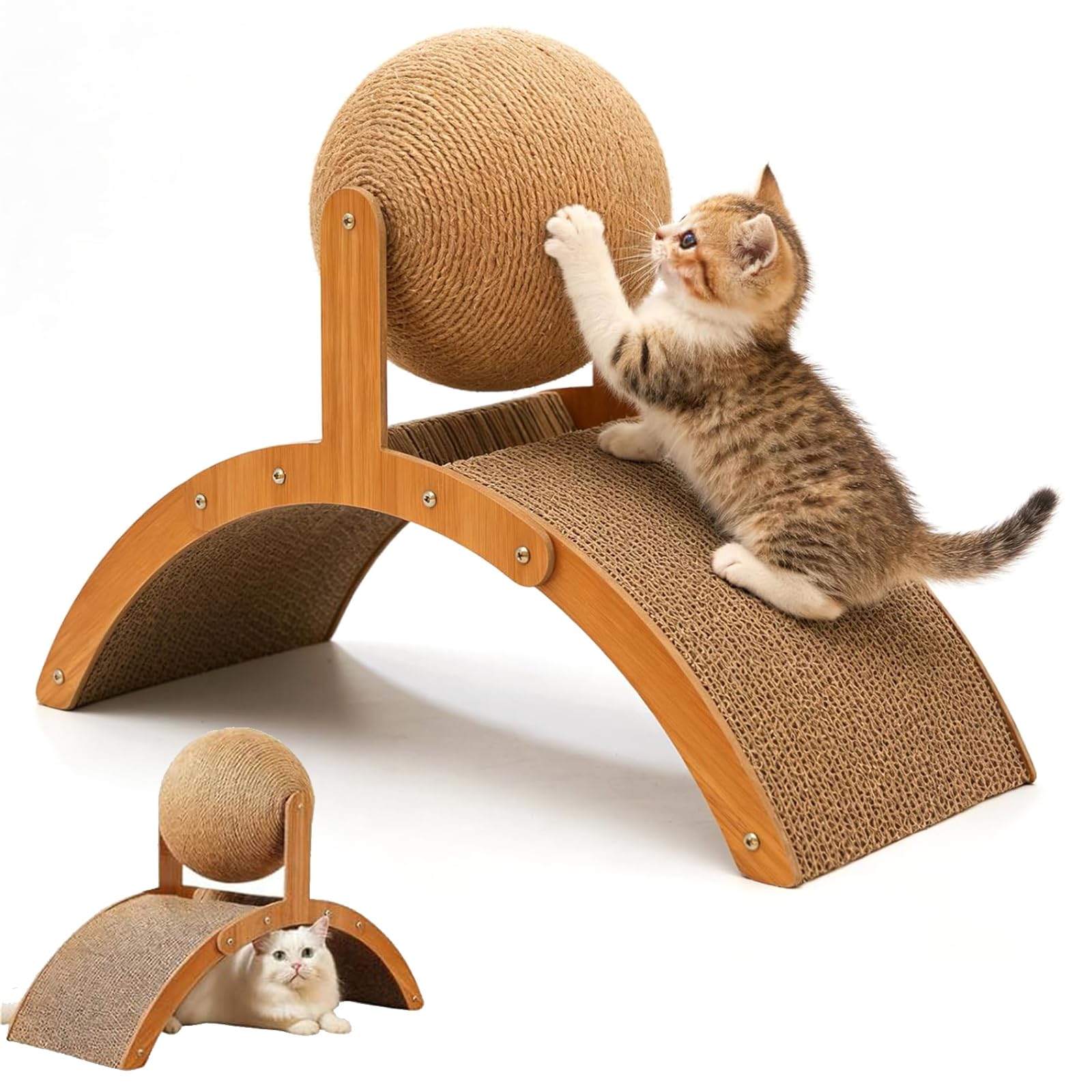 Cat Scratching Ball on Stand, Sisal Rope Cat Scratcher Ball, Inclined Cat Scratching Board with Sisal Ball & Tunnel Toy, 360° Spinning Cat Ball Scratching Pad, Interactive Cat Toys for Indoor Cats