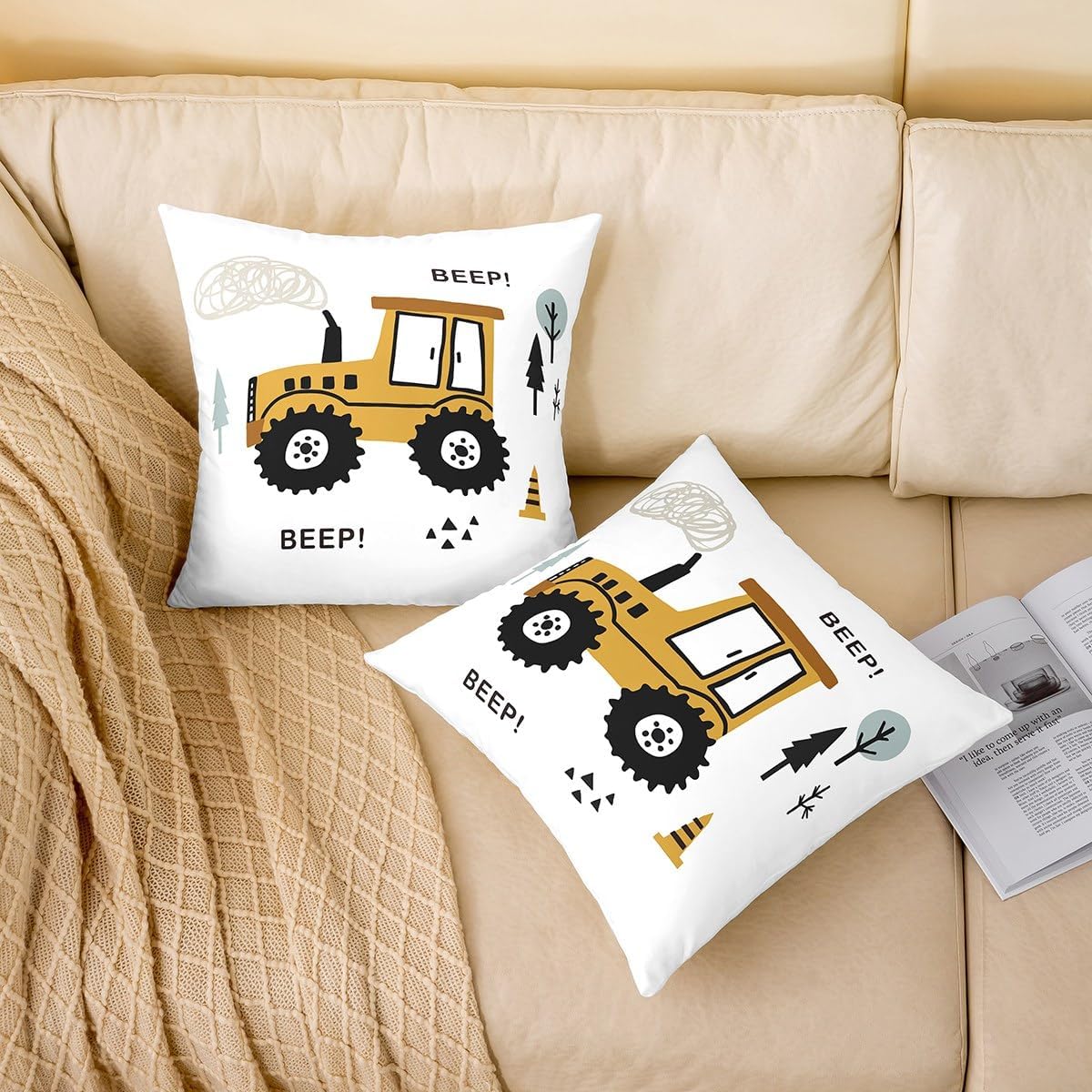 Feelyou Cartoon Equipment Trucks Throw Pillow Cover,Construction Cushion Case for Living Room Decor, Reversible Excavator Tractor Botanical Tree Yellow Decorative Throw Cushion Case,24x24 Inches