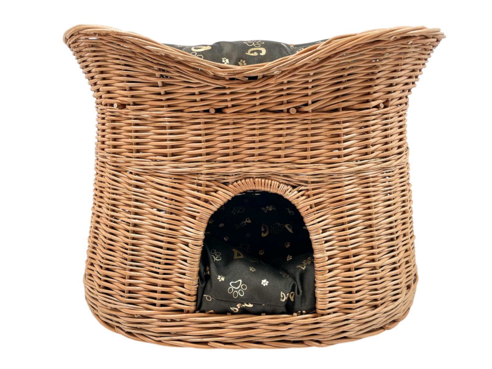 Cesto per gatti in vimini, cuccia per interni, a due piani, con cuscini lavabili marrone scuro, misura L, 60 cm, ovale