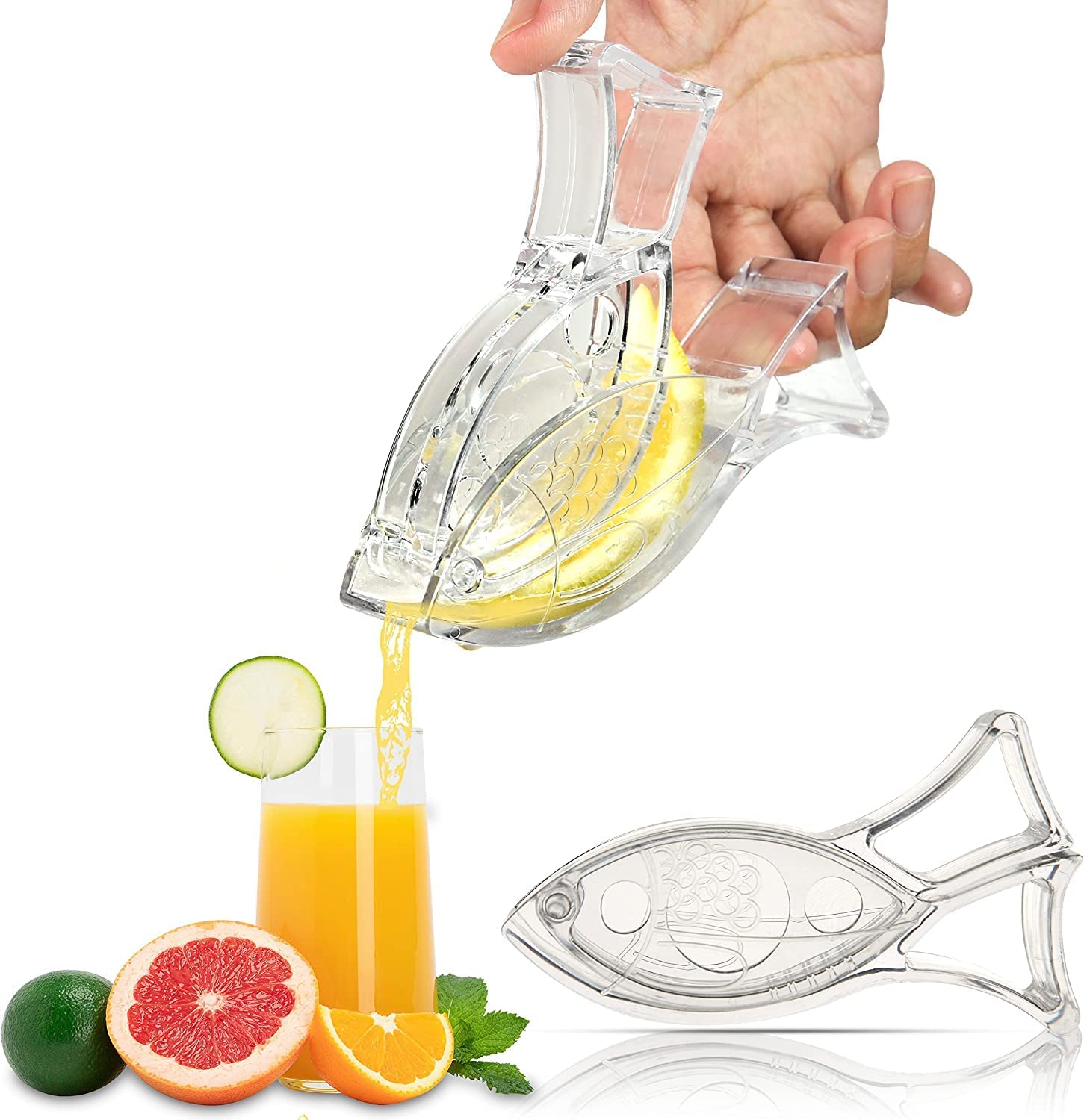 OneNineLemon Squeezer, 2pcs Acrylic Manual Lemon Slice Squeezer Transparent Fruit Juicer with Lovely Fish Shape, Portable Hand Juicer for Orange Lemon Lime Pomegranate Home Kitchen Bar Gadget