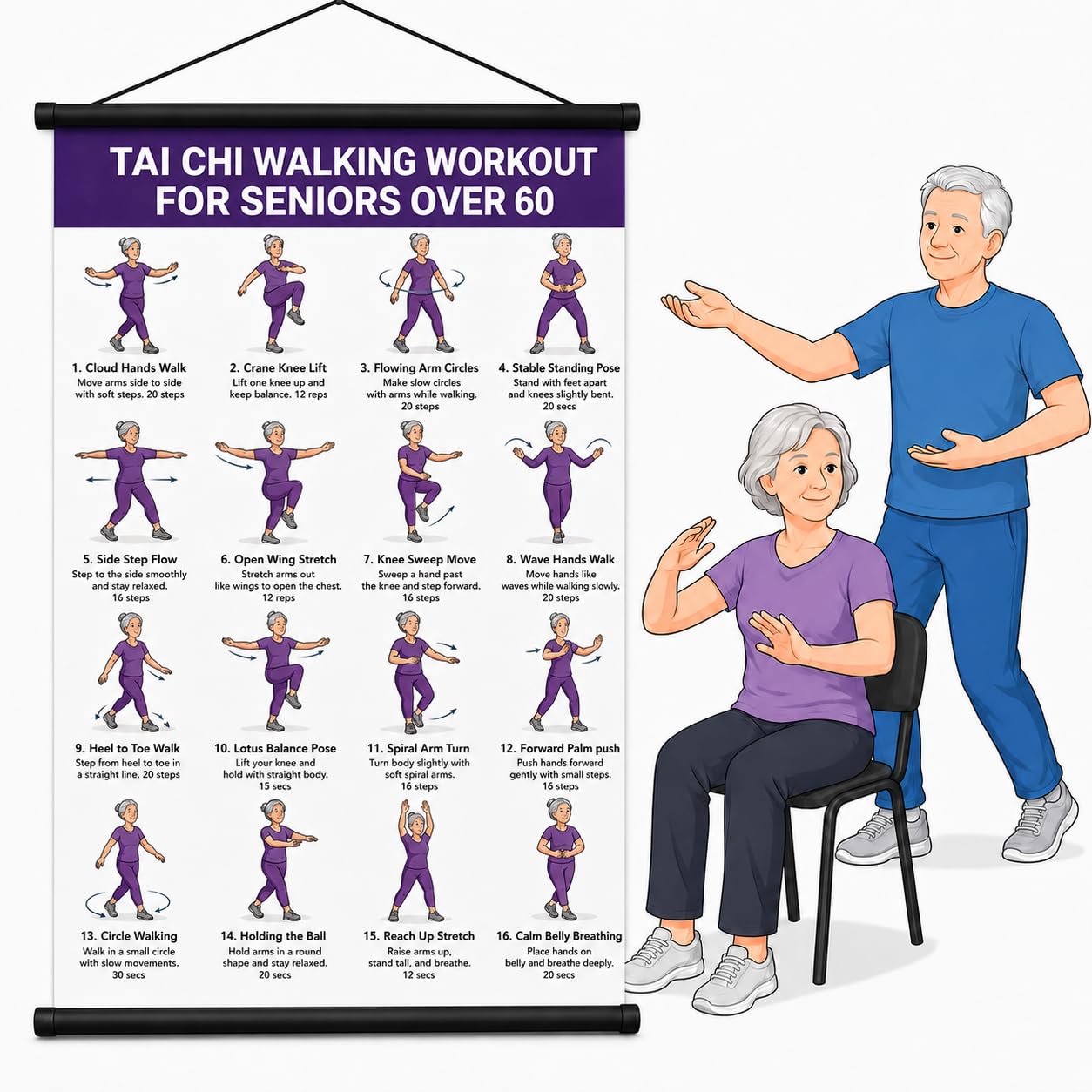 Viilich Tai Chi Exercise Poster for Seniors, 40 x 60 cm Tai Chi Workout Wall Chart with Step-by-Step Illustrated, Movement Guide for Beginners, Home Gym & Living Room (Standing)