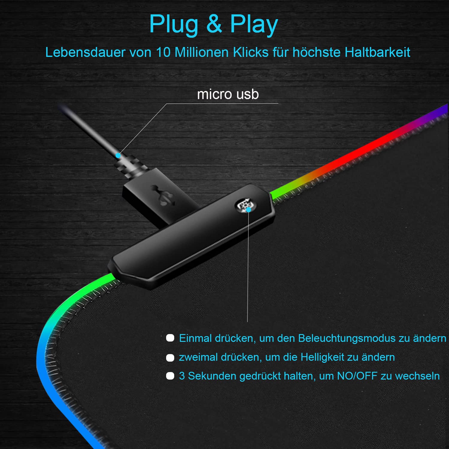 Owege Oyun fare altlığı XXL 800 x 300 mm RGB fare altlığı, büyük, 14 aydınlatma modu, 7 LED renk, dikişli kenarlar, su geçirmez, kaymaz, hassasiyeti artırır, komple siyah