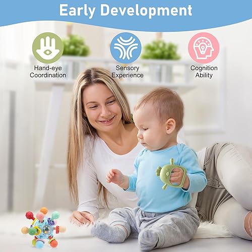 Miniatura 3 de Paquete de 2 juguetes de dentición para bebés de 0 a 6 a 12 meses, multifuncionales de silicona de grado alimenticio para bebés, juguetes