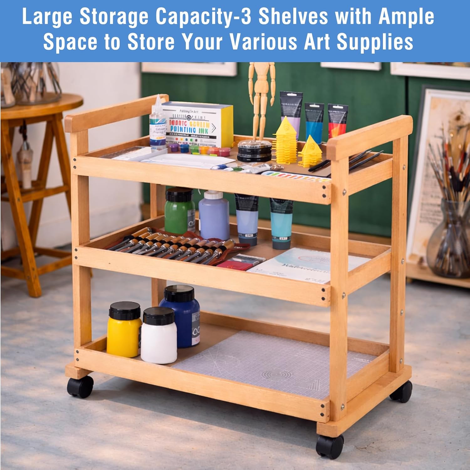 Falling in Art Wooden Rolling Cart, Beechwood Art Supply Storage Organizer with Caster Wheels, 3-Tier Rolling Utility Cart Organizer for Studio and Classroom Use, Natural