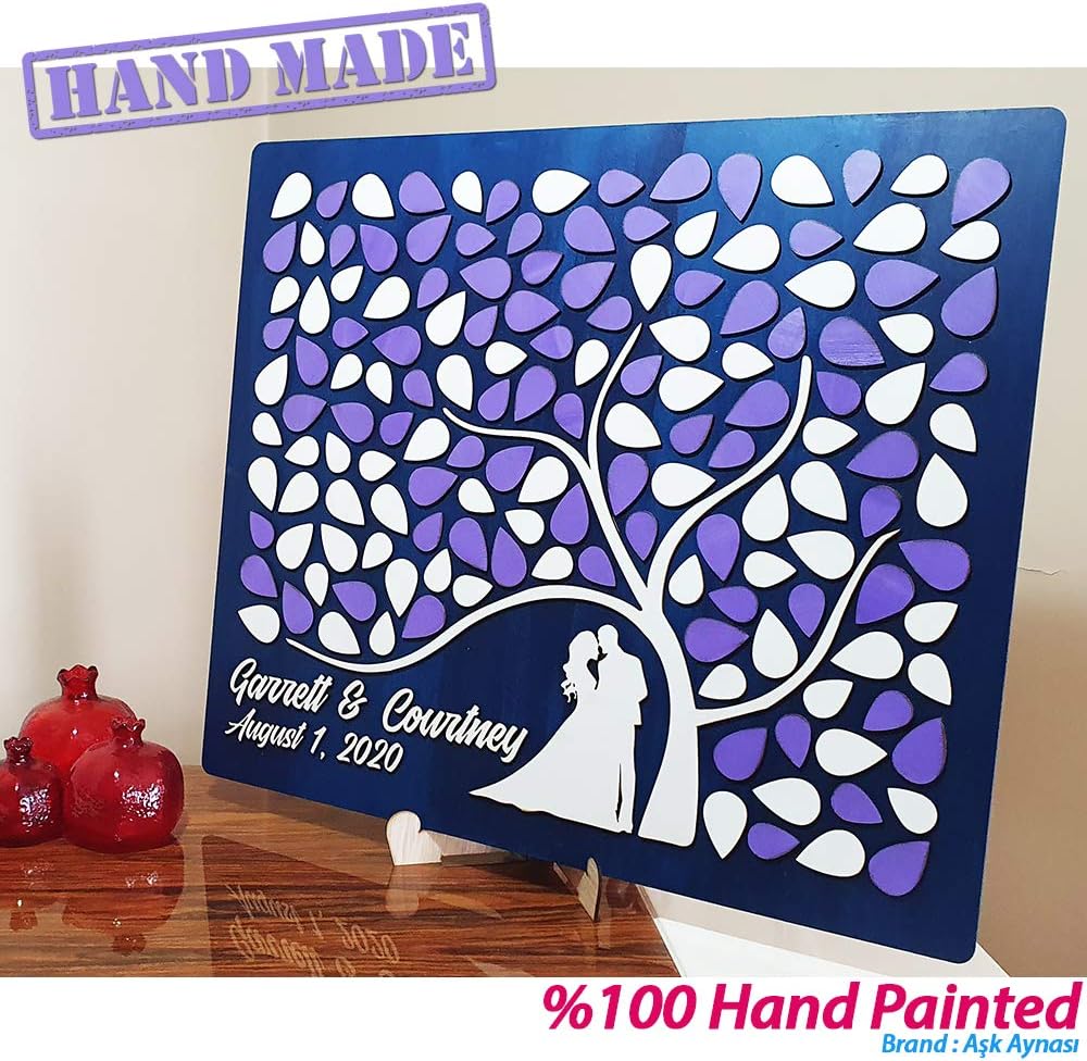 Handmade & Hand Painted Custom Colors 3D Wedding Guest Book Alternative Wooden Tree & Hearts Personalized (150 Leaves - Model 2)