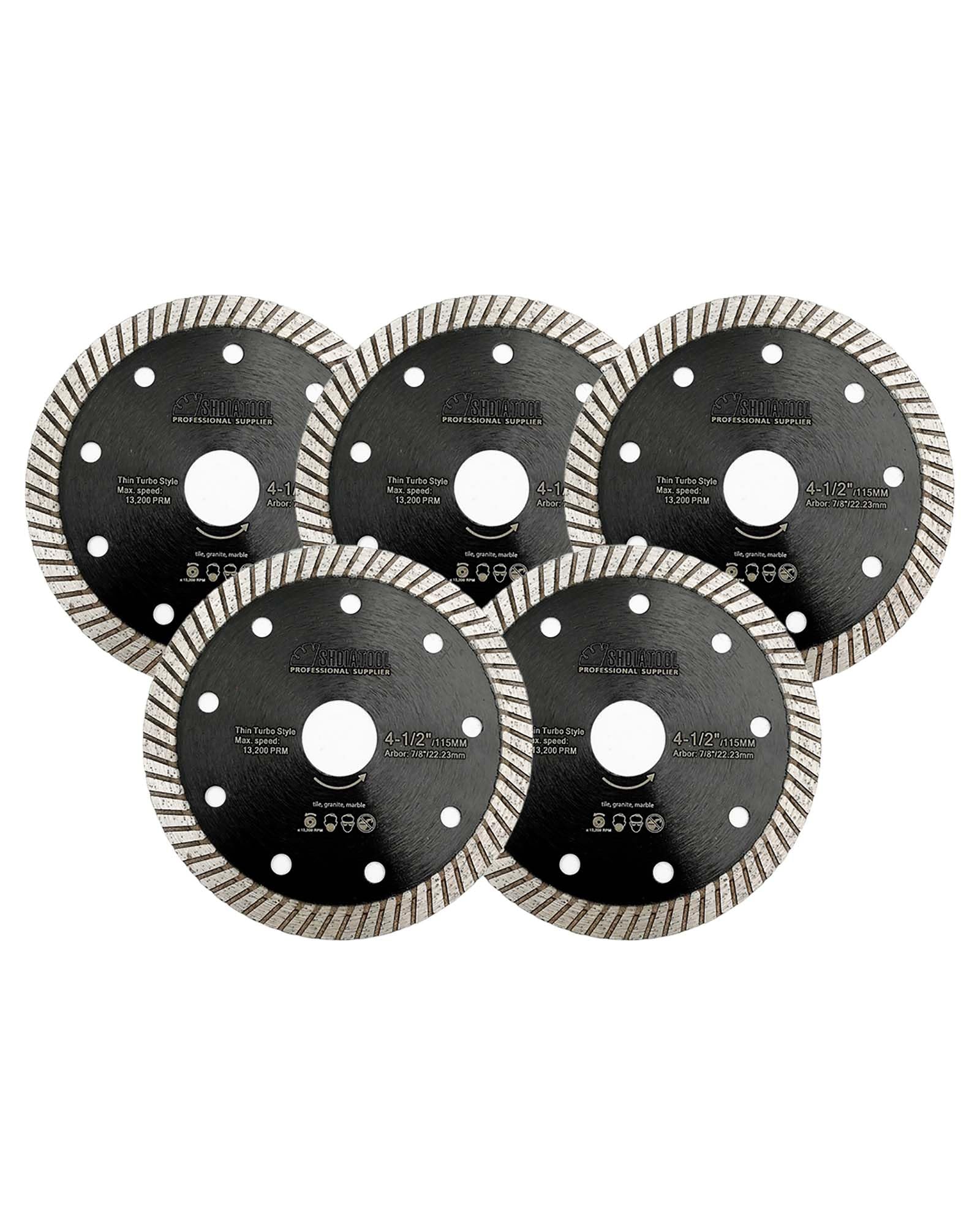 SHDIATOOL Super Thin Diamond Turbo Saw Blade 5PCS 4-1/2-Inch Cutting Disc for Porcelain Ceramic Tile Granite Dia 115mm