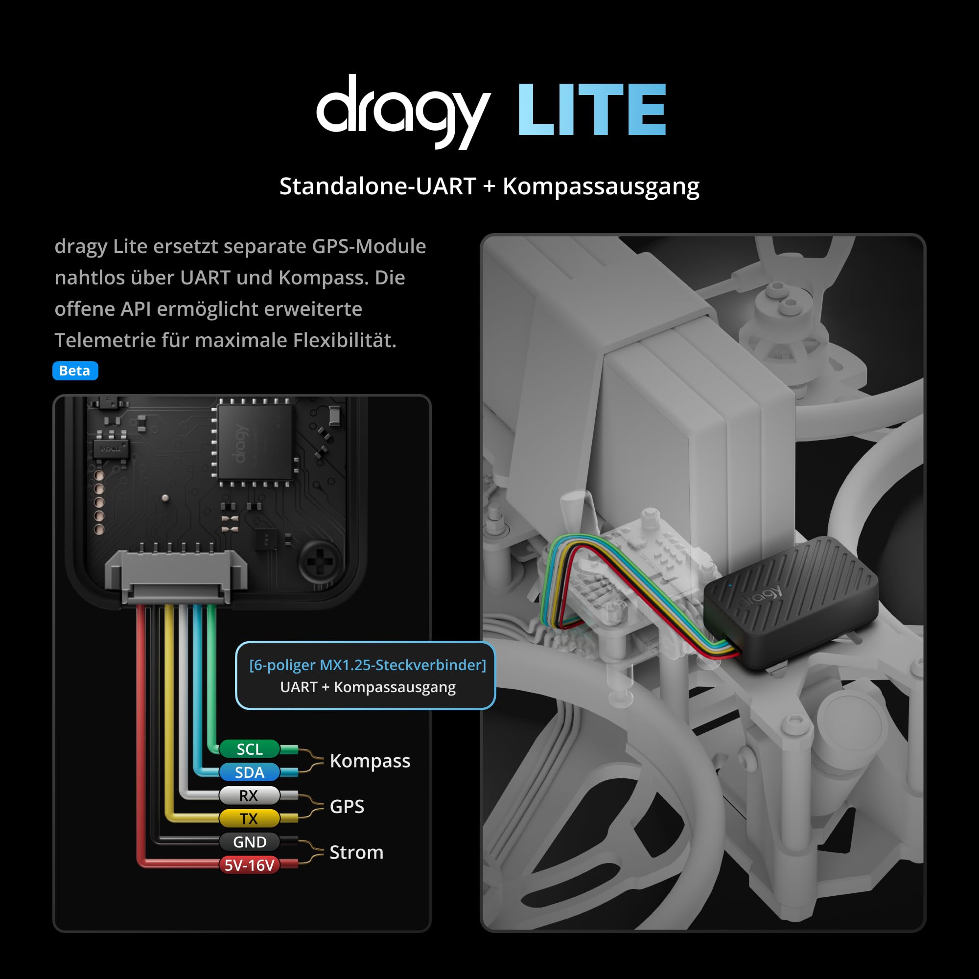 Der brandneue dragy Lite – Ultraleichter GPS-Laptimer für RC-Cars & FPV-Drohnen | Hochpräzises 25Hz-GPS-Modul mit UART-/Kompass-Ausgang | RaceChrono-kompatibel | 6,5 Std. Akkulaufzeit