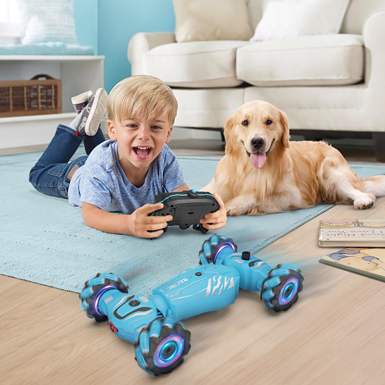 Dysaim Macchina Telecomandata per Bambini,4WD Auto Telecomandata Controllo Gestuale, 2.4Ghz Rotazione a 360° RC Stunt Car con Luci,Musica,Spray, Giocattoli Natale Regalo per Bambini da 6 8 12 Anni,Blu