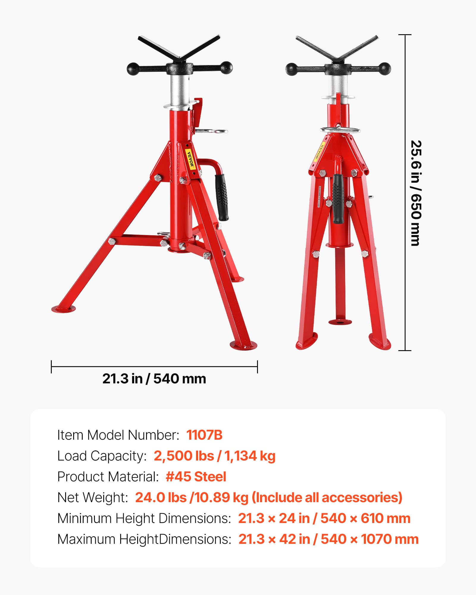 VEVOR Cavalletto per Tubi con Testa a V 0,32-30,48 cm Supporto per tubi Altezza Regolabile 61-107 cm Massima Capacità 1134 kg, Cavalletto per tubi Materiale in Acciaio al Carbonio Piedi Pieghevoli