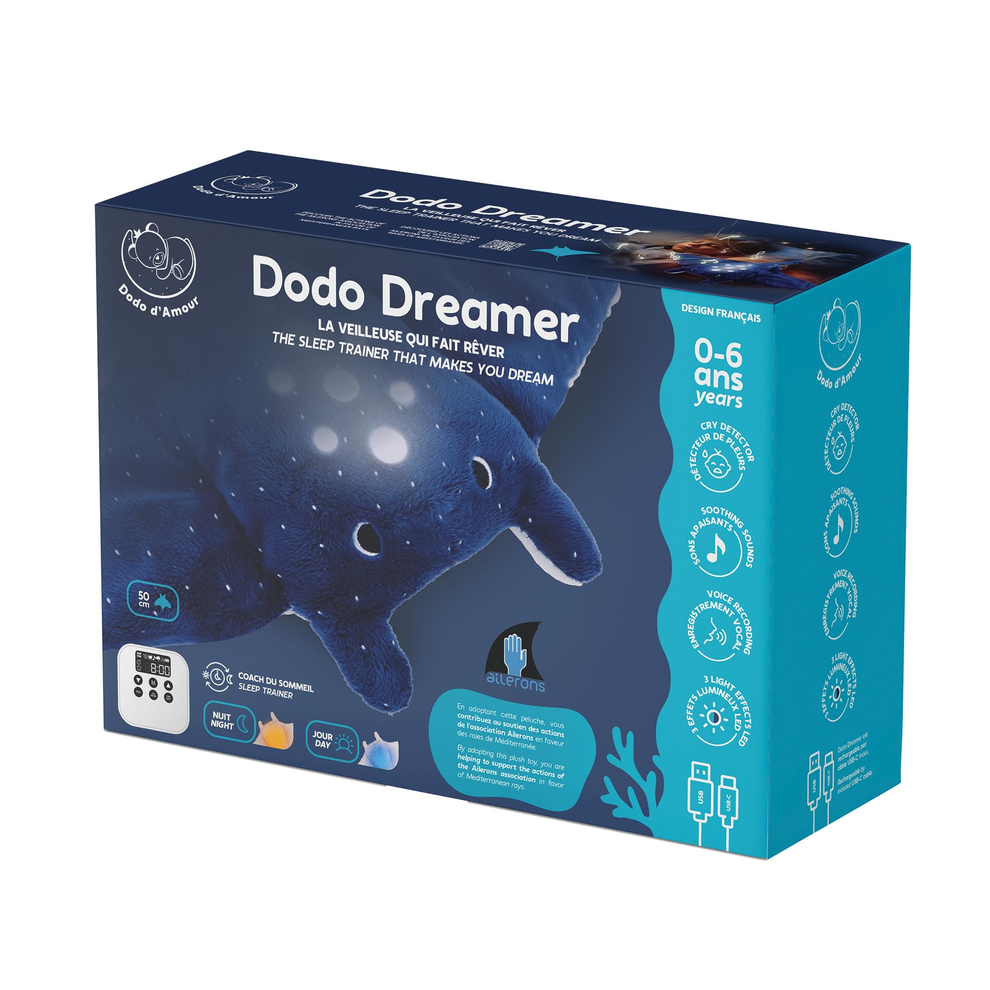 DODO D'AMOUR - Peluche Luce Notturna Manta Modula - Dodo Dreamer - 053065 - Blu - Regalo - Lavabile in Macchina - Creatore Francese - Coach del Sonno Bambino - Sleep Trainer - dalla nascita