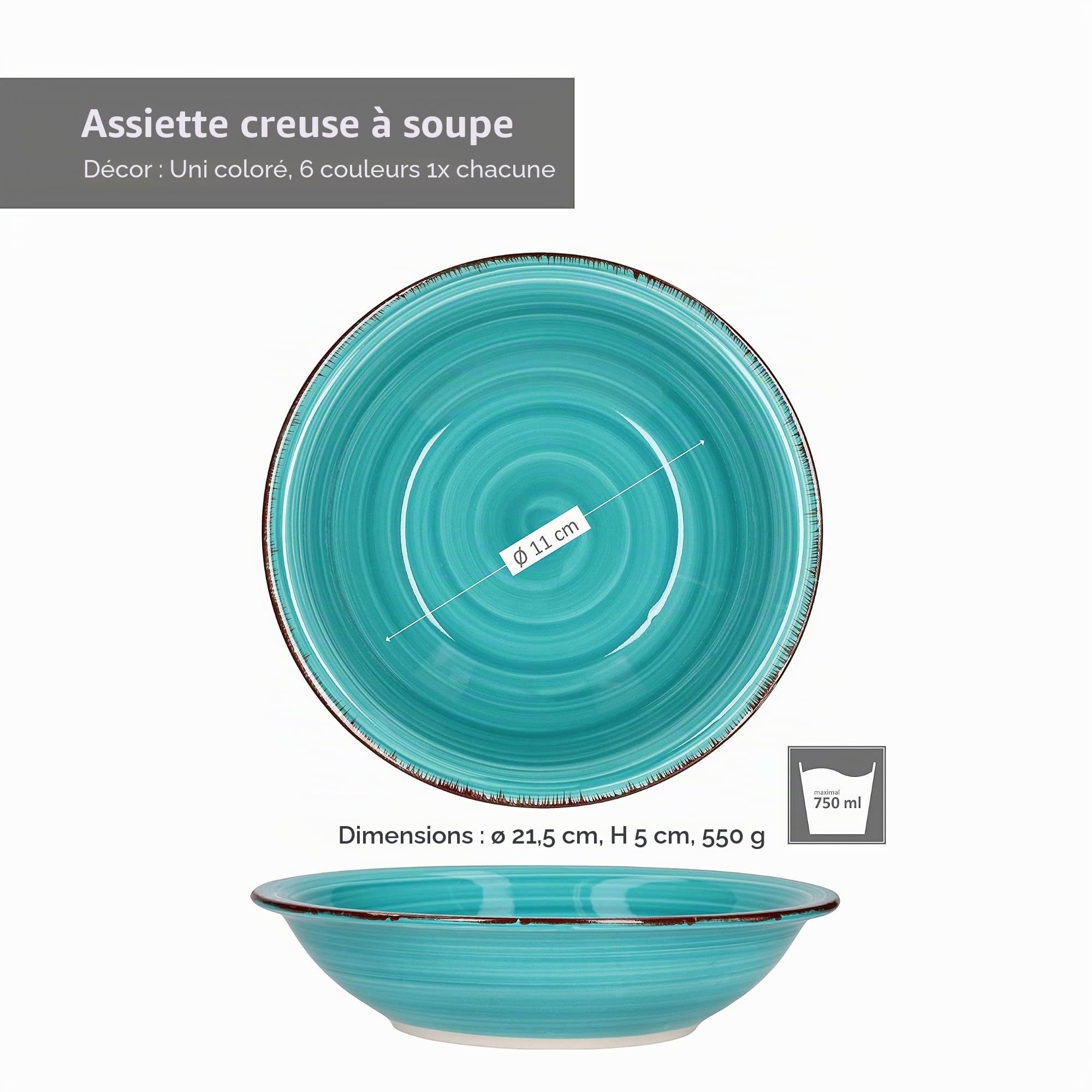 Service d'assiettes creuses 6 pièces Assiettes creuses unies colorées Assiettes de service 750 ml Vaisselle de table bol à muesli buffet à salade Plats en grès résistant au four