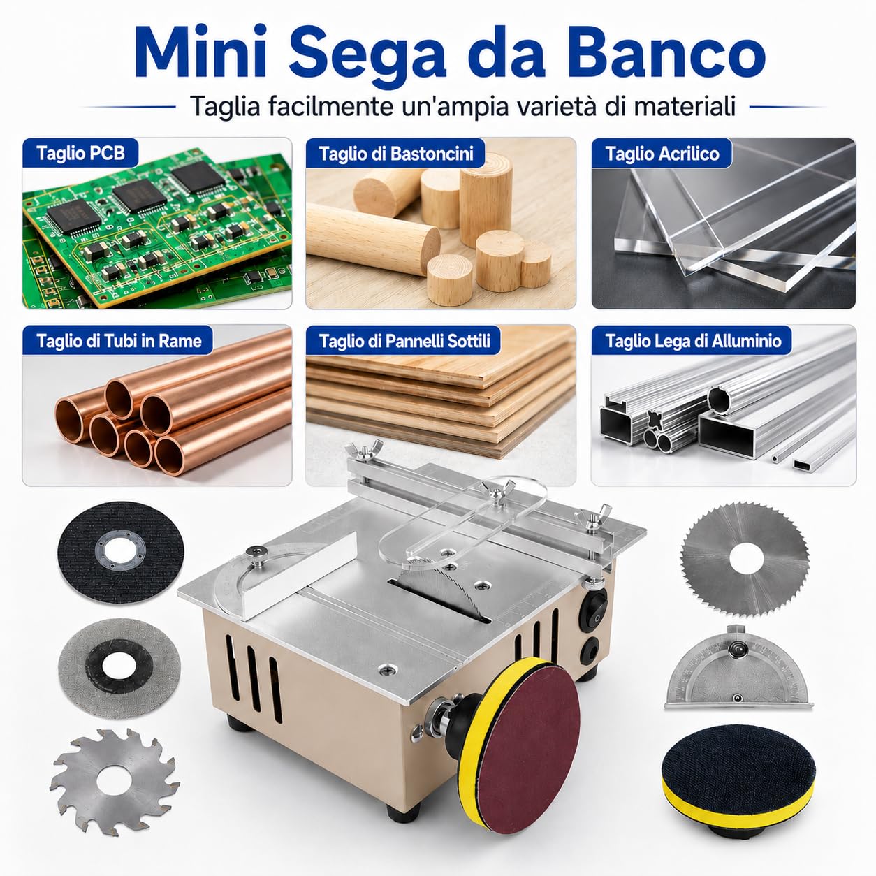 VOBOR Mini Sega Circolare da Tavolo con Disco per Lucidatura e 4 Lame, Altezza Regolabile, Alimentatore a 7 Marce, Lama per Sega da 0,1 a 15 mm, per Legno Fatto a Mano