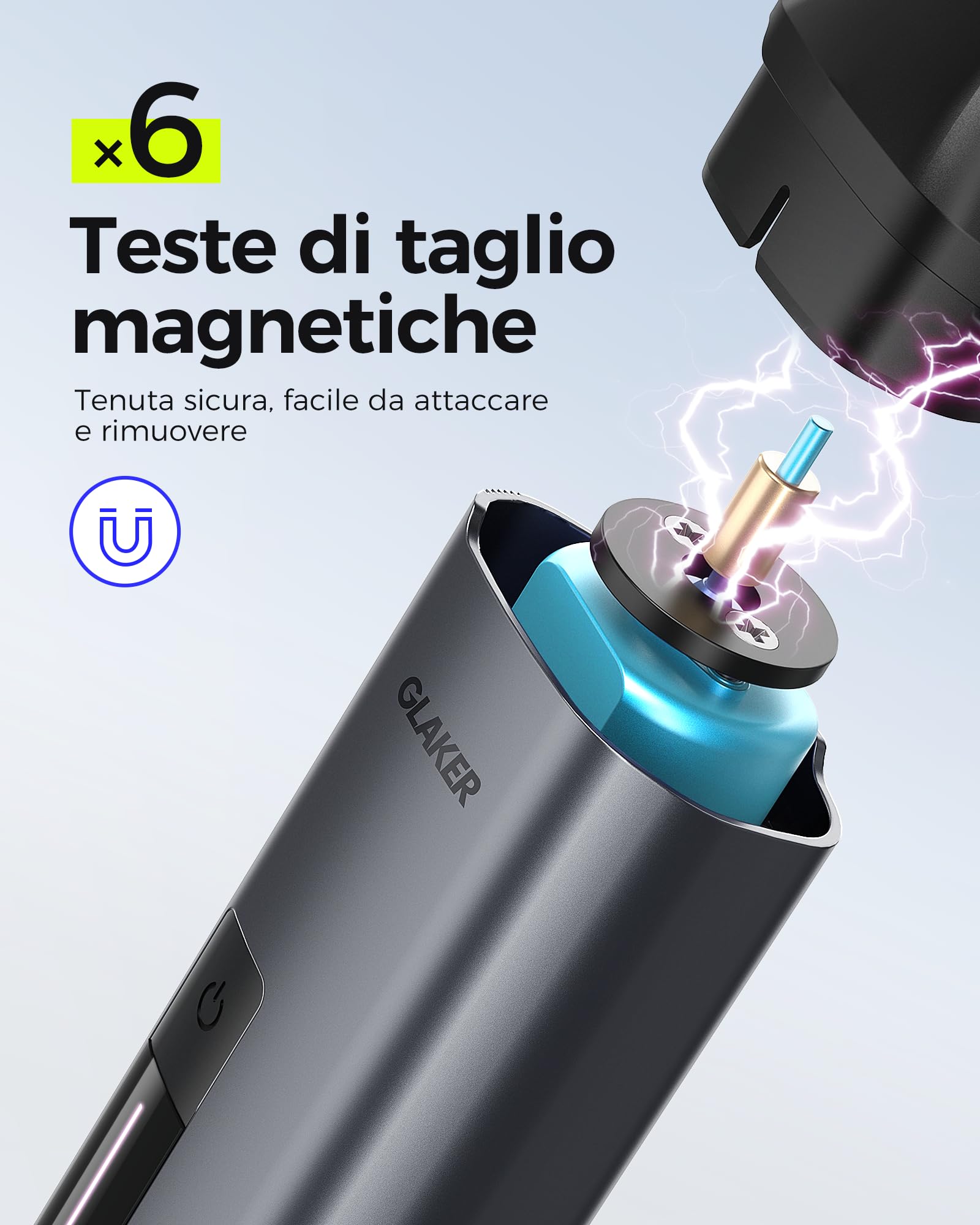 GLAKER Rasoio Elettrico Barba 6 in 1 – Regola Barba Elettrico Uomo Impermeabile per Barba, Capelli, Corpo, Parti Intime e Naso con Testine Intercambiabili