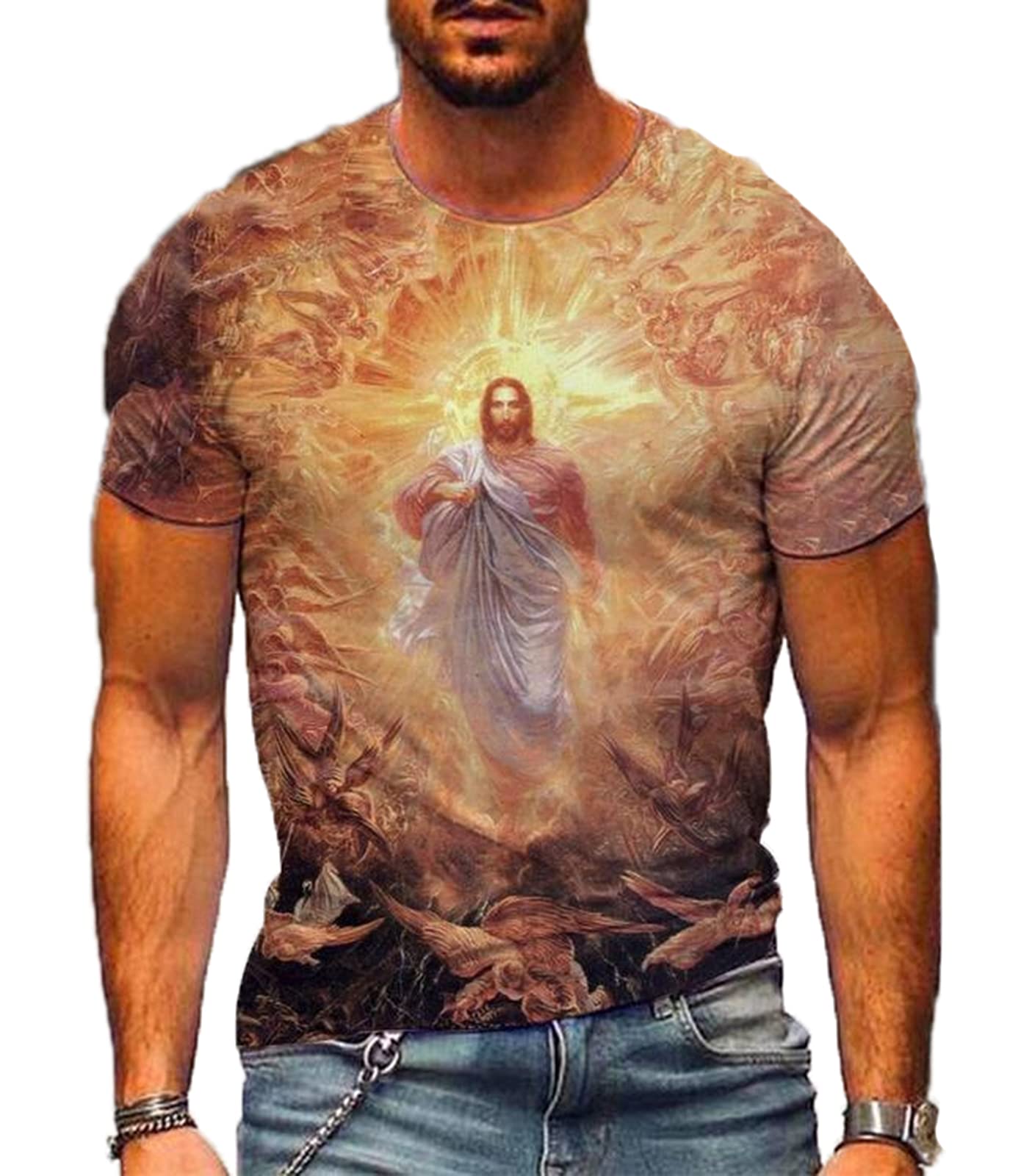 oneforus Men Fashion 3D Digital Print T Shirt Jesus Print Retro Crew Neck Short Sleeve T-Shirts
