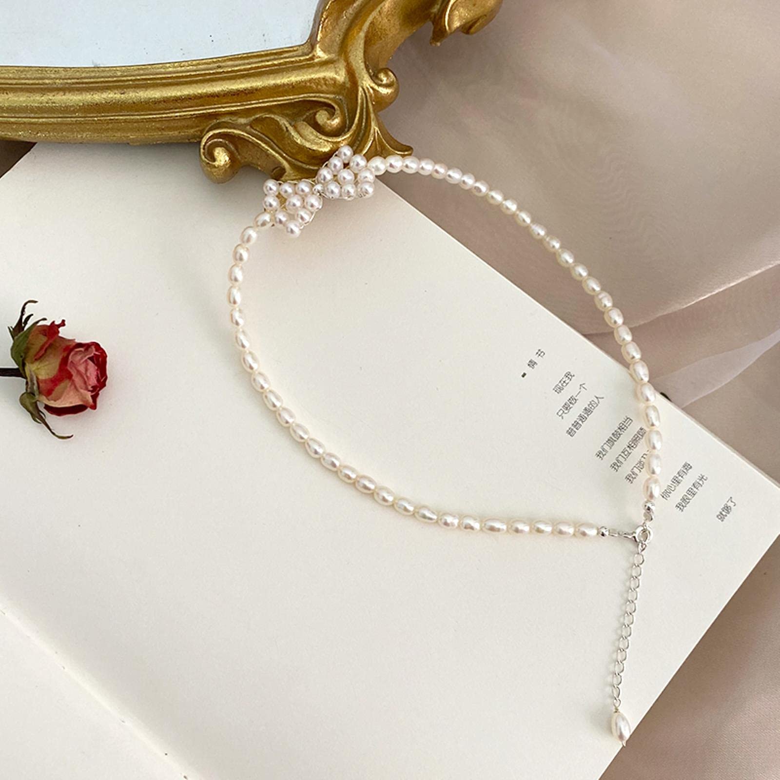 LOKILOKI Collar De Gargantilla con Lazo De Perlas De Agua Dulce Natural, Joyería De Plata Esterlina 925 para Regalo De Mujer