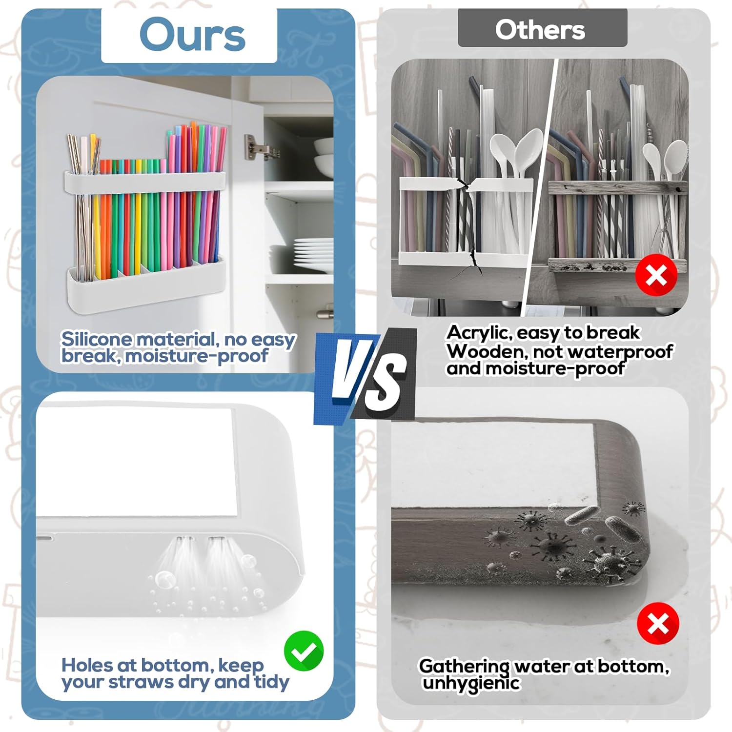 Juome Straw Holder for Cabinet, Silicone Straw Organizer with Double Sided Adhesive Tape, Reusable Tumbler Straws Storage Dispenser for Kitchen Counter Cupboard Door (White) - Image 3