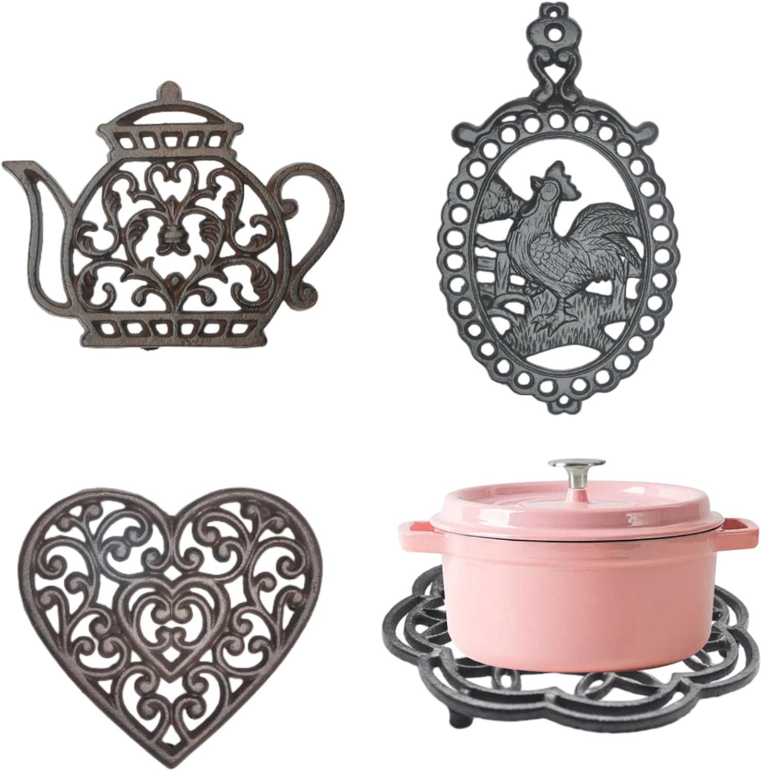 Cast Iron Trivet, 4Pcs Heat Resistant Pot Holder Metal Trivets for Hot Dishes, Trivets for Hot Pots and Pans Hot Pads for Countertops, Pot Stand Holder for Dutch Ovens