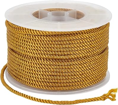 27.34 Yards 3MM Gold Twist Cord Braid Rope Metallic Cording Thread Graduation Honor String Polyester Satin Silk Cords for Macrame Bracelets Curtain Costumes Christmas Art Crafts Supply