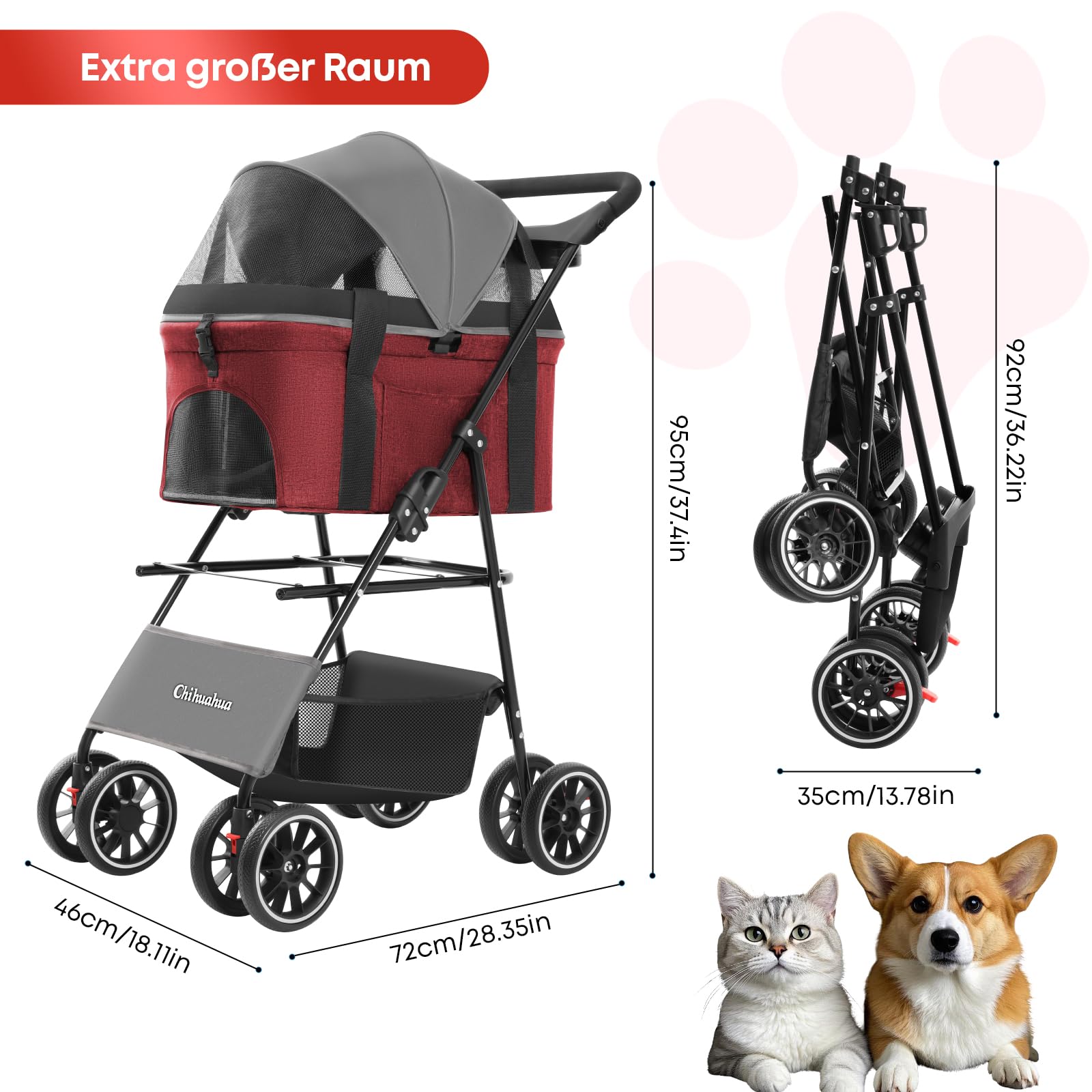 Hundewagen für Haustiere mit Verdeck, 4-rädriger Hundebuggy für kleine/mittelgroße Hunde und Katzen, Netzgewebe, Getränkehalter, Dunkelgrau+Rot