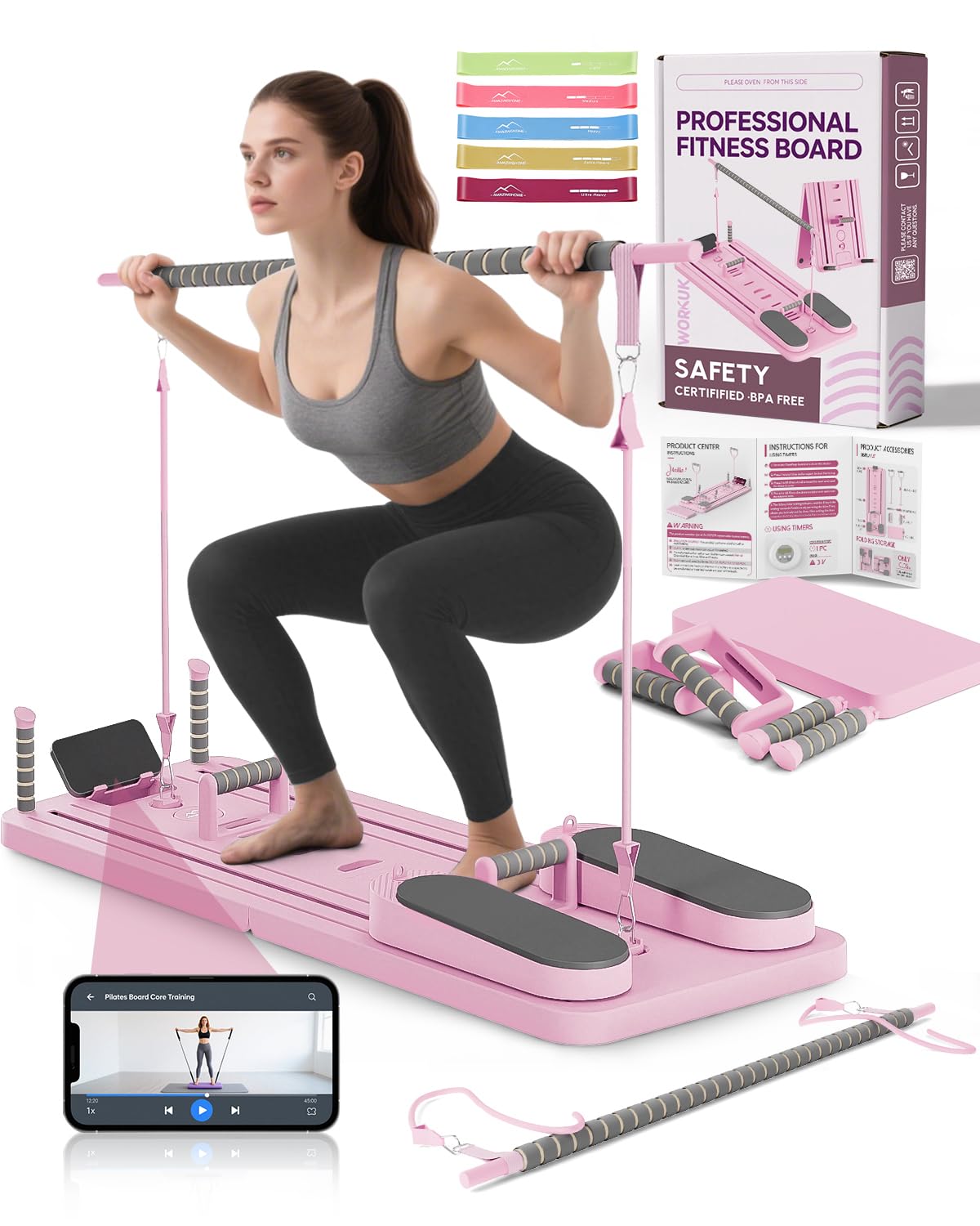 AMAZINGHOME Pilates Board (Includes a Set of 5 Resistance Bands) - Multi-Functional Pilates Reformer for Core & Abdominal Training, Top-Tier Pilates Equipment for Women’s Home Fitness(Pink)