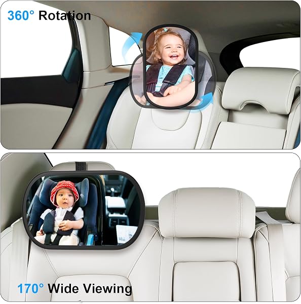 Baby Car Mirror, Safety Car Seat Mirror for Rear Facing Infant, Clear Wide View, 360°Rotation, Easily Observe the Baby Move, Secure, Shatterproof, Crash Tested and Certified (Black) - 4