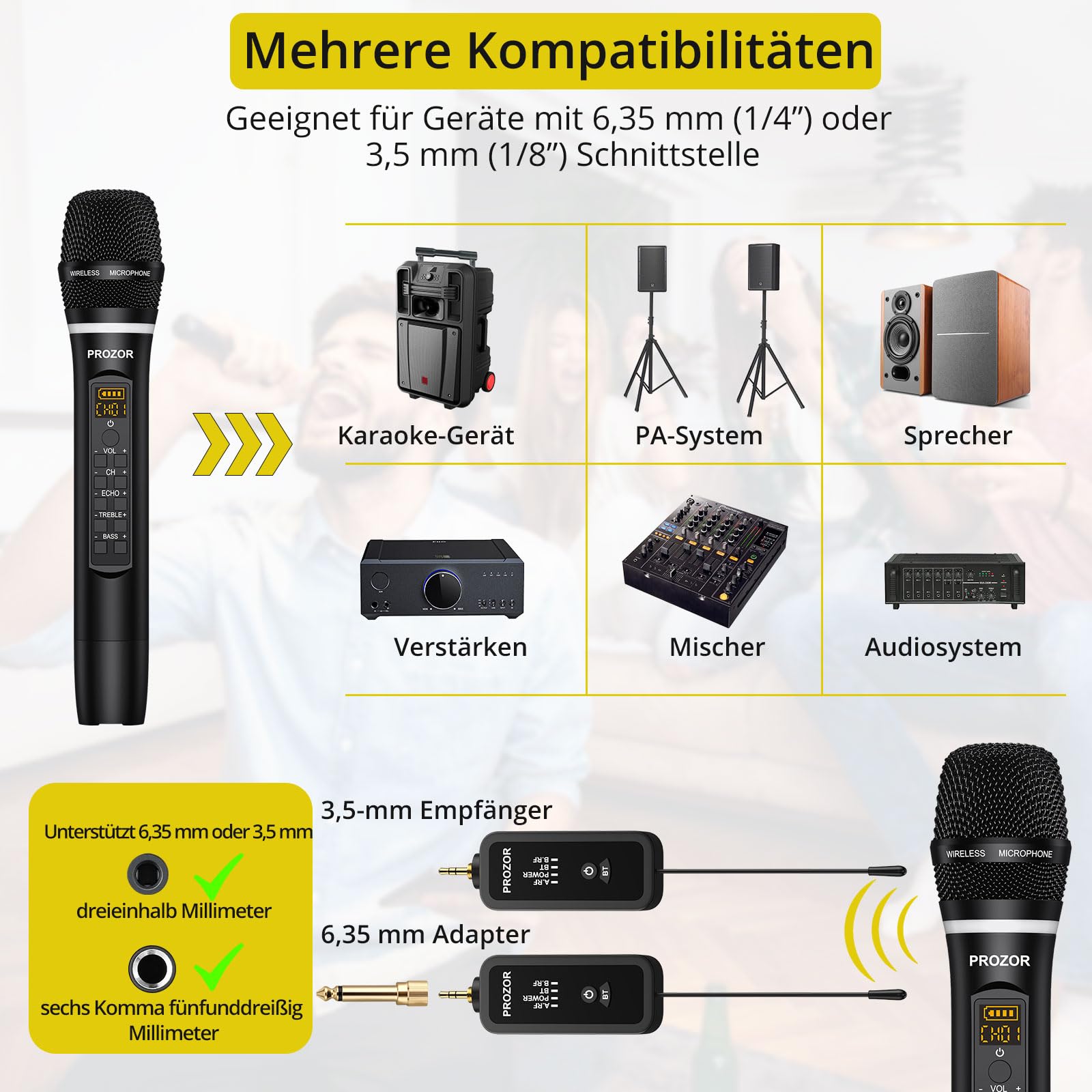 PROZOR Drahtloses Mikrofon Dual UHF Metall Handmikrofon mit Höhen-Bass-Echo-Steuerung, wiederaufladbar Empfänger, Drahtloses Mikrofonsystem für Gesangsparty, DJ, Hochzeit, Lautsprecher, Verstärker