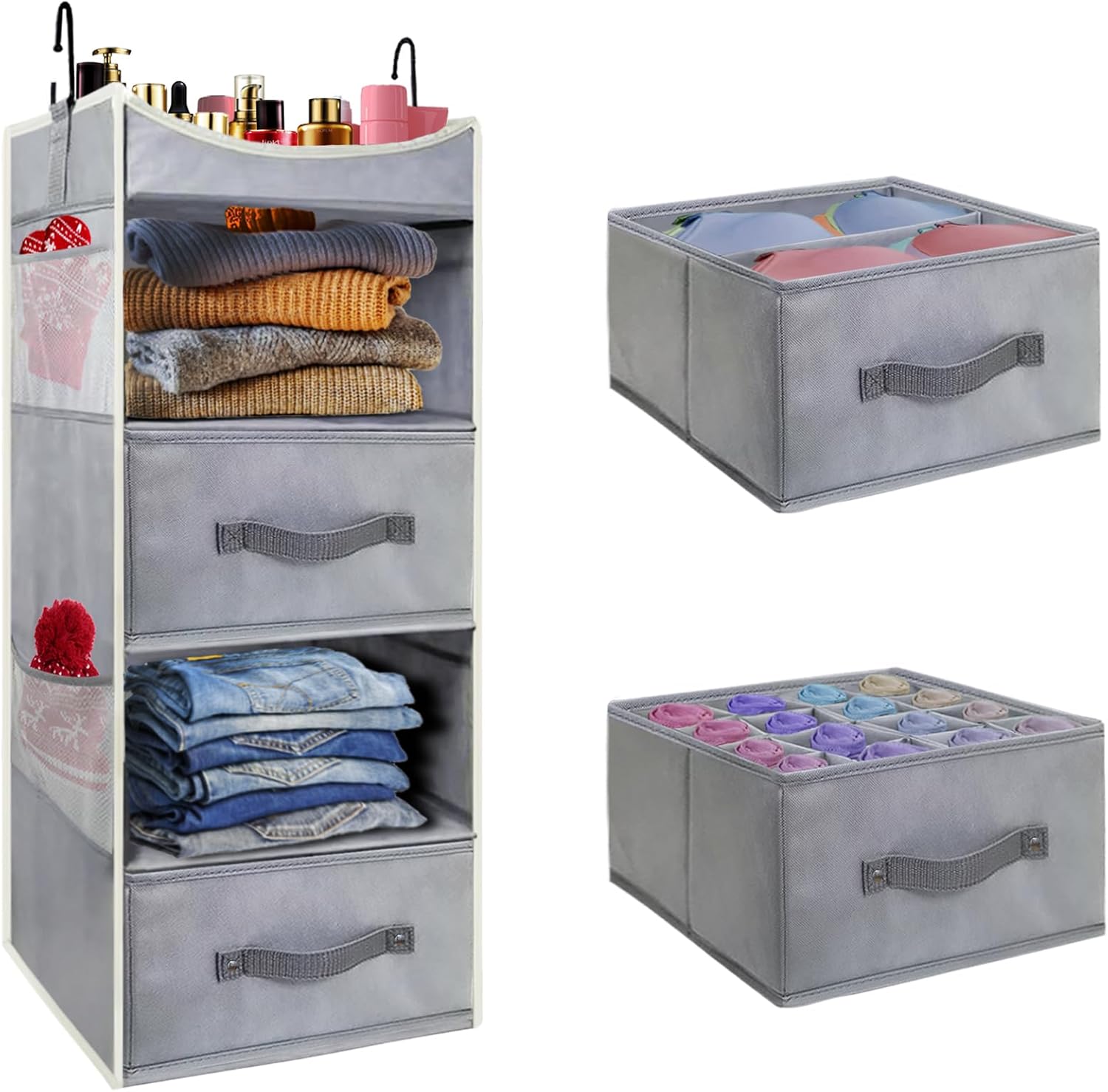 5-Tier Hanging Closet Organizer with 4 Side Pockets 2 Removable Drawers, Foldable Hanging Closet Shelves for Storage Clothes Shoes Hats Toys, Grey. Grey - 5 Tier + Drawers 5-Tier Hanging Closet Organizer with 2 Drawers