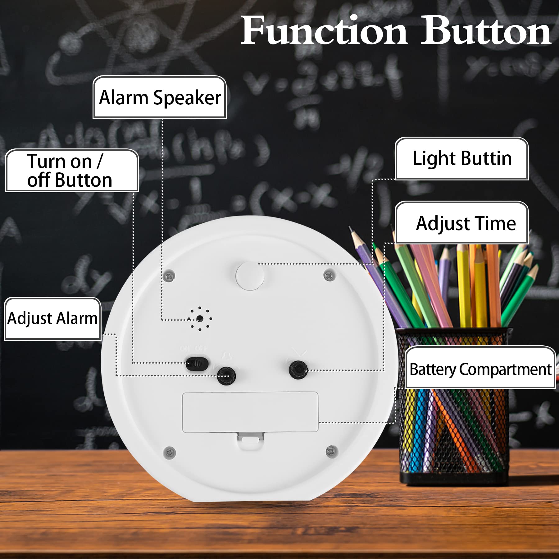 Sveglia per bambini senza ticchettio, silenziosa, con luce notturna, portatile, colore bianco