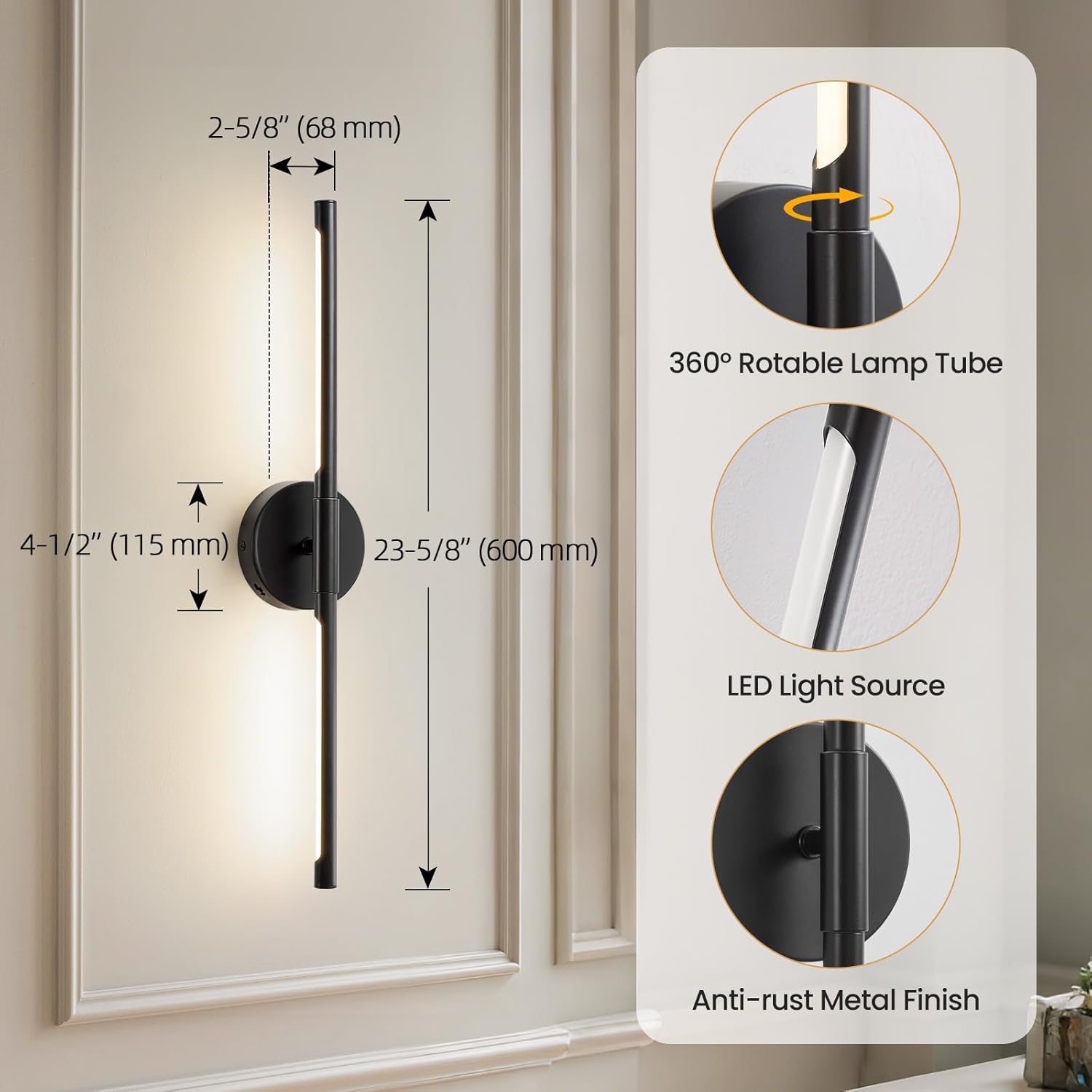 Lightania Hardwired Wall Sconces Set of Two, 24'' Modern Black LED Wall Lights, 360° Rotatable, 2700K-5000K Adjustable, 3CCT Dimmable Wall Sconce Light Fixture for Living Room Bedroom Hallway, ETL