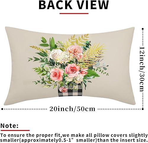 Miniatura 3 de Juego de 2 fundas de almohada lumbares de hojas florales de 12 x 20 pulgadas, jarrón a cuadros de búfalo, fundas de almohada decorativas para