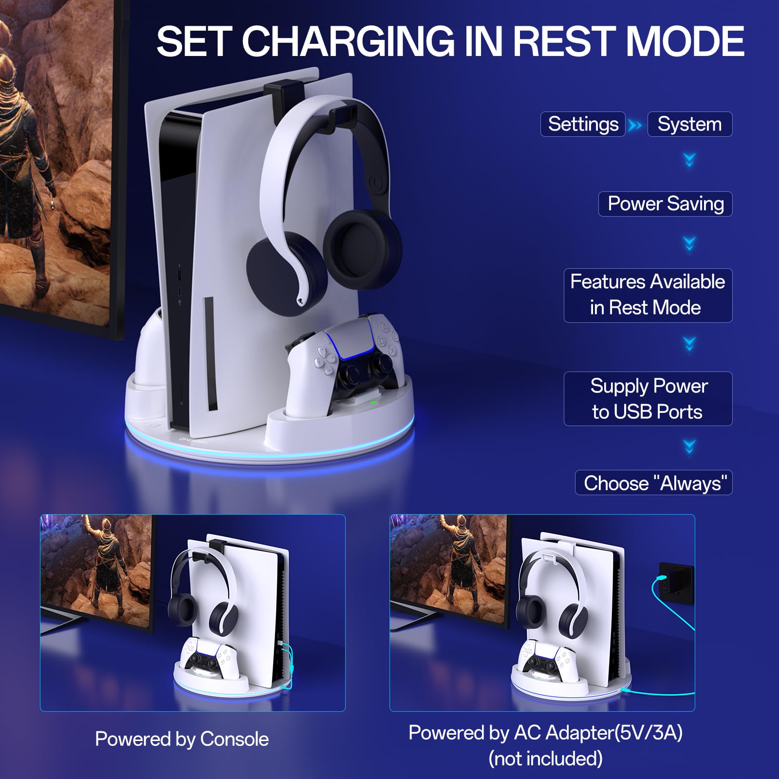 NEWDERY per PS5/PS5 Slim/PS 5 Pro Stand, stazione di ricarica doppio controller con luce RGB per PlayStation 5, supporto verticale per Playstation 5 Digital/Disc Console, bianco