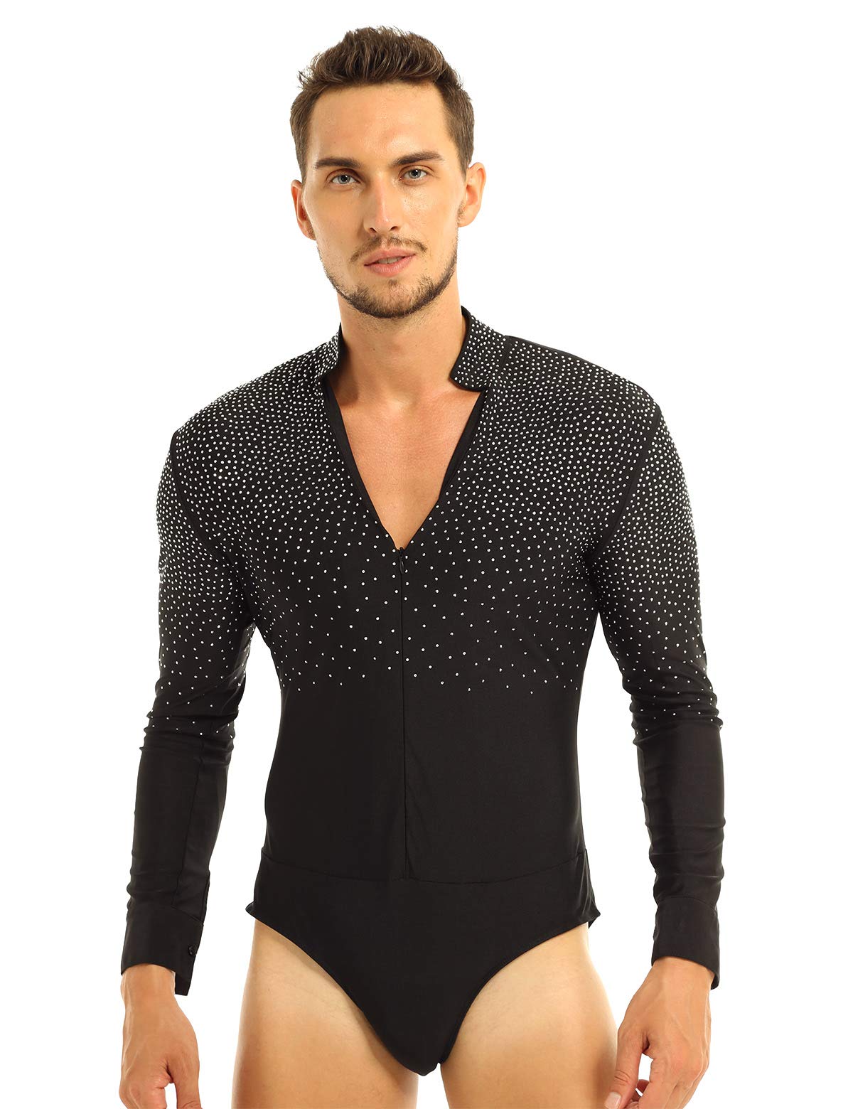 AislorMen's Sparkle Rhinestones Modern Latin Jazz Dance Shirt Blouse Top Ballroom Rumba Leotard Jumpsuit
