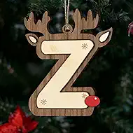 Christmas Wooden Reindeer Letter Ornaments - Natural Wood Alphabet Hanging Decor with Jute String, DIY Name/Word Xmas Tree Ornament, Personalized Tag for Home Party Decoration (Letter Z)