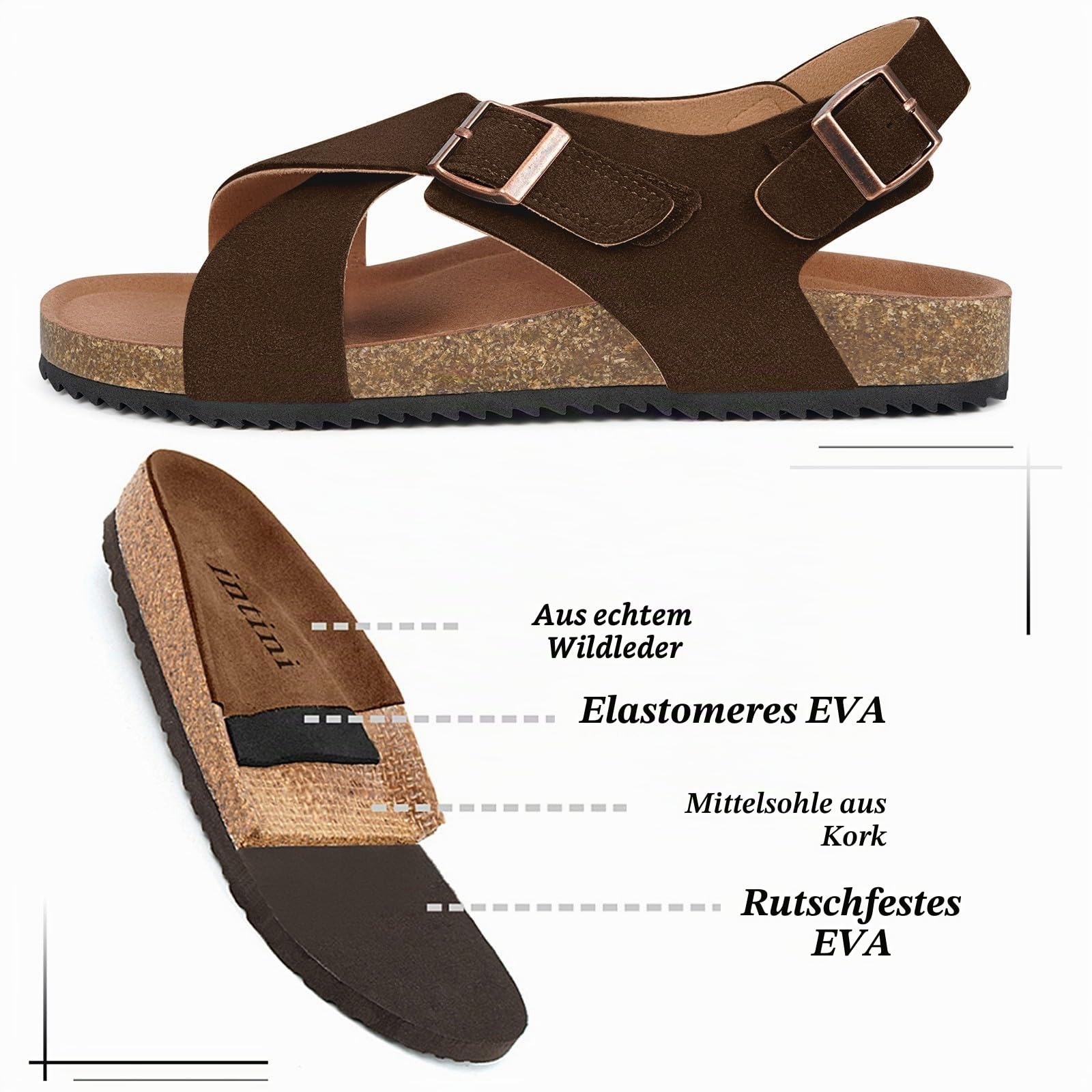 Dokela Sandalen Damen Mit Kork Fußbett Pantoletten aus Leder Sommer