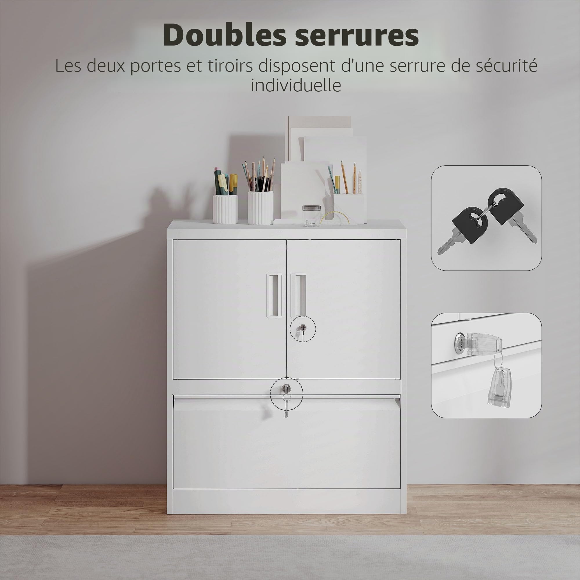 HOMCOM Armoire de rangement verrouillable en acier avec tiroir, 2 portes, étagères réglables, armoire de rangement, polyvalente, blanche