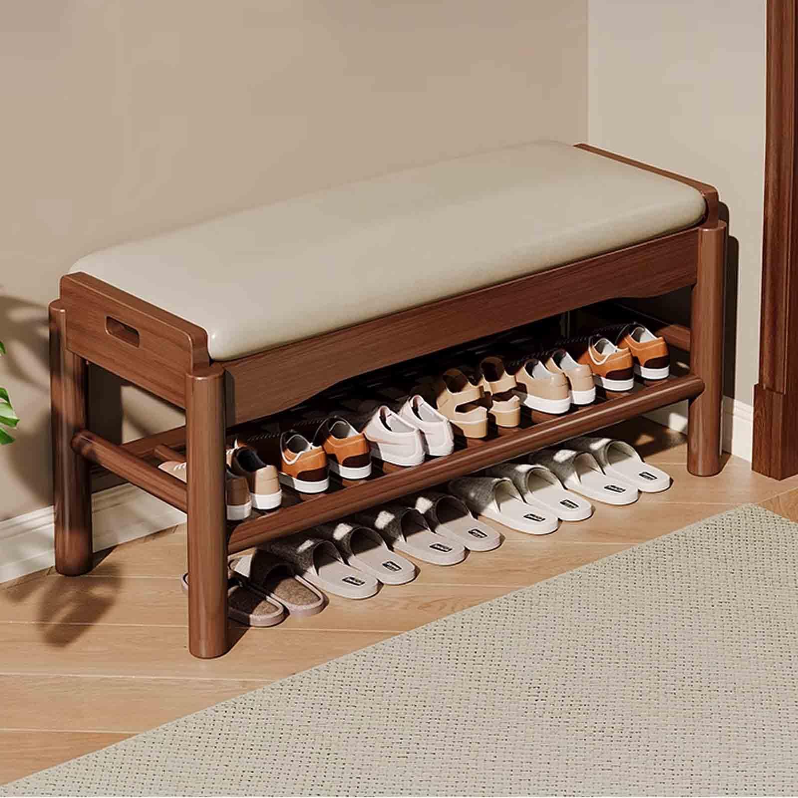 Meuble d'entrée polyvalent anti-désordre en bois massif avec assise rembourrée et rangement