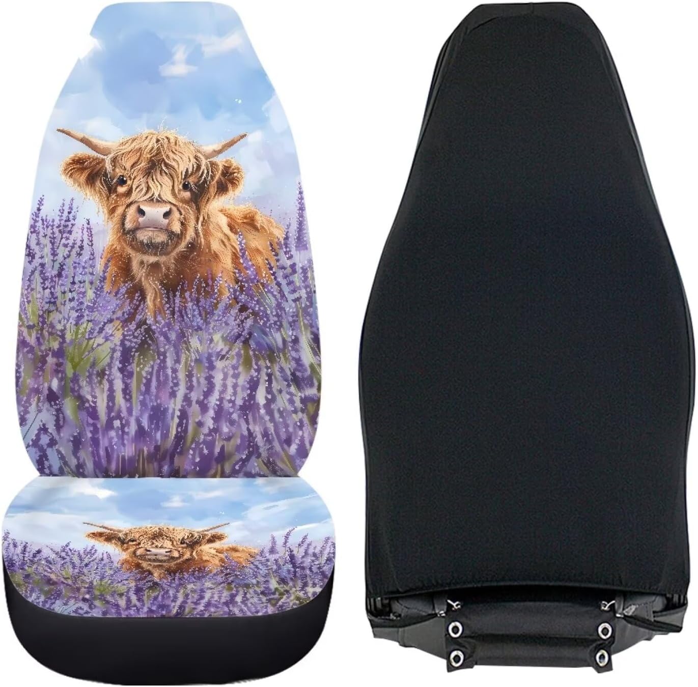 2 Pack Car Front Seat Covers Lavender Highland Cattle Cow Print Bucket Seat Cover Breathable Vehicle Seat Protector Automotive Accessories Decoration Universal FIt SUVs Sedan